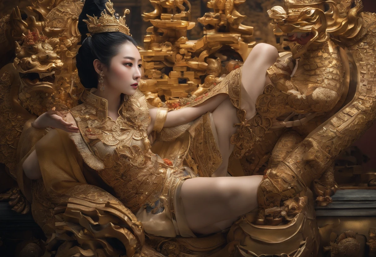 Fengshen Bang，tmasterpiece，ultra fine photos，，best qualtiy，超高分辨率，Photoreality，Chiaroscuro，（full-body portraits），stunningly beautiful，dynamicposes，delicated face，Bigchest，Murderous eyes，（seen from the side），She wears gold ancient Chinese armor，very highly detailed background，detailed face with，Detailed and complex busy background，untidy，opulent，milkyW，Highly detailed skin，Realistic details of skin，Visible Pore，tack sharp focus，volume fog，8k uhd，digital SLR camera，high qulity，filmgrain，White skin of the，photo-realism，lomography，The palace of the Yin Shang King in ancient China , look from down, semi transparent, gigantic breasts, showing cleavage, full body shot camera angle, lotus tattoo on forehead, sexy body: 1.4, Slim abdomen: 1.2, sitting on chair with legs up, gigantic deep cleavage, open shirt, opens her legs in an M shape,