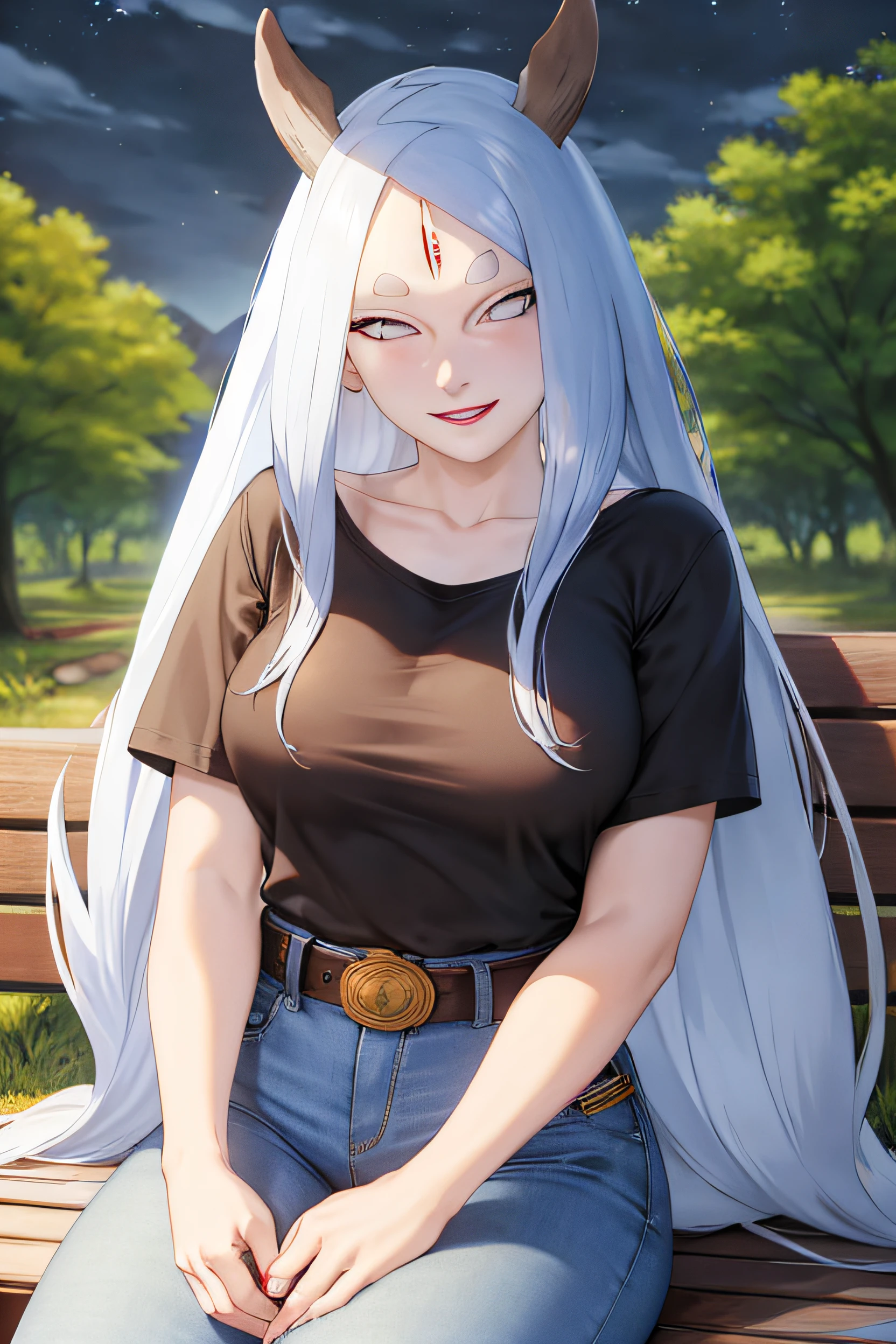 masterpiece,best quality,highly detailed,ultra-detailed,an extremely delicate and beautiful,masterpiece,1girl, solo, kaguya, mature female, medium breasts, long hair, absurdly long hair, upper body, smile, forehead mark, jeans, t-shirt, round neck, sitting, bench, outdoors, belt, cowboy shot, forest, night, moon