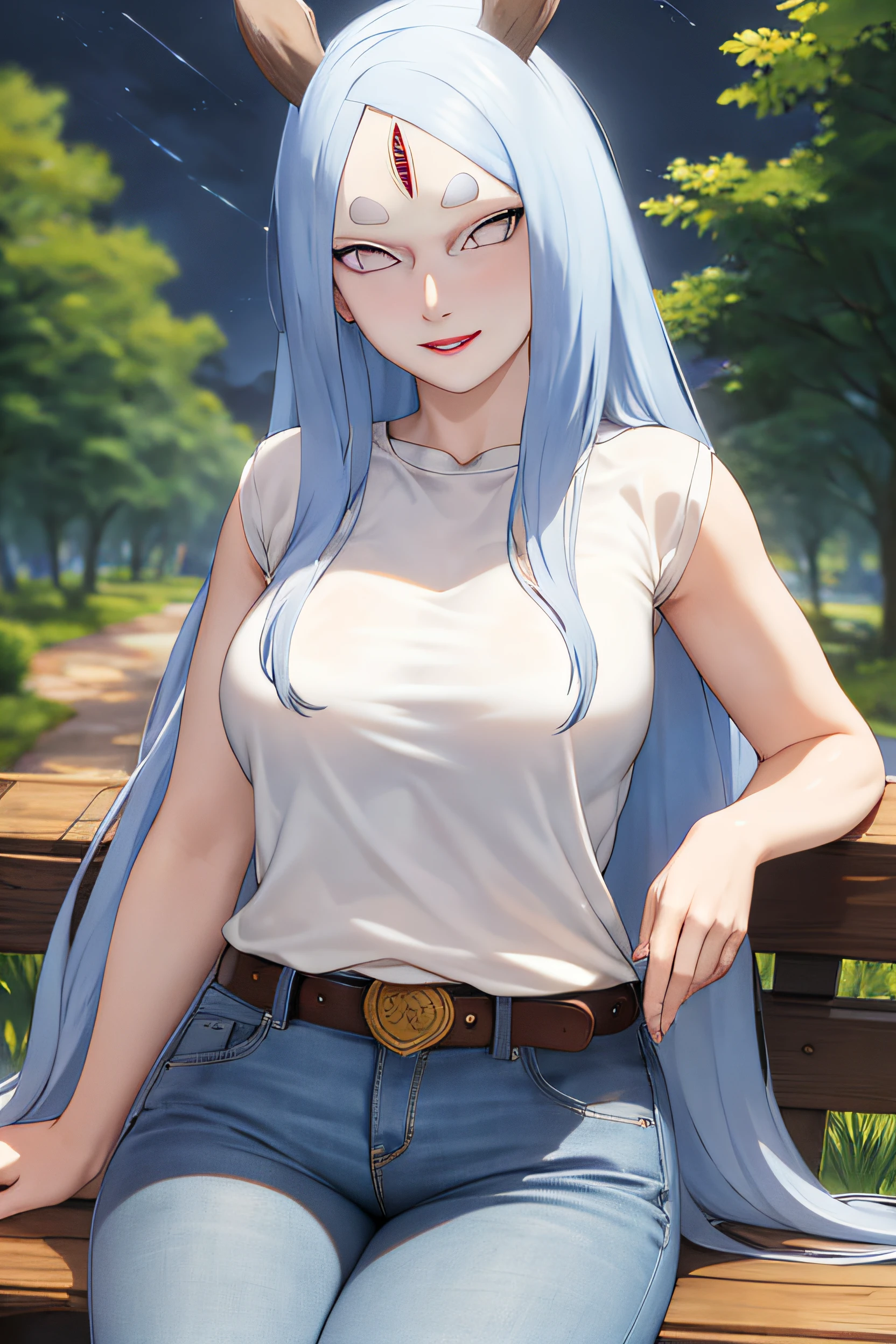 masterpiece,best quality,highly detailed,ultra-detailed,an extremely delicate and beautiful,masterpiece,1girl, solo, kaguya, mature female, medium breasts, long hair, absurdly long hair, upper body, smile, forehead mark, jeans, t-shirt, round neck, sitting, bench, outdoors, belt, cowboy shot, forest, night, moon