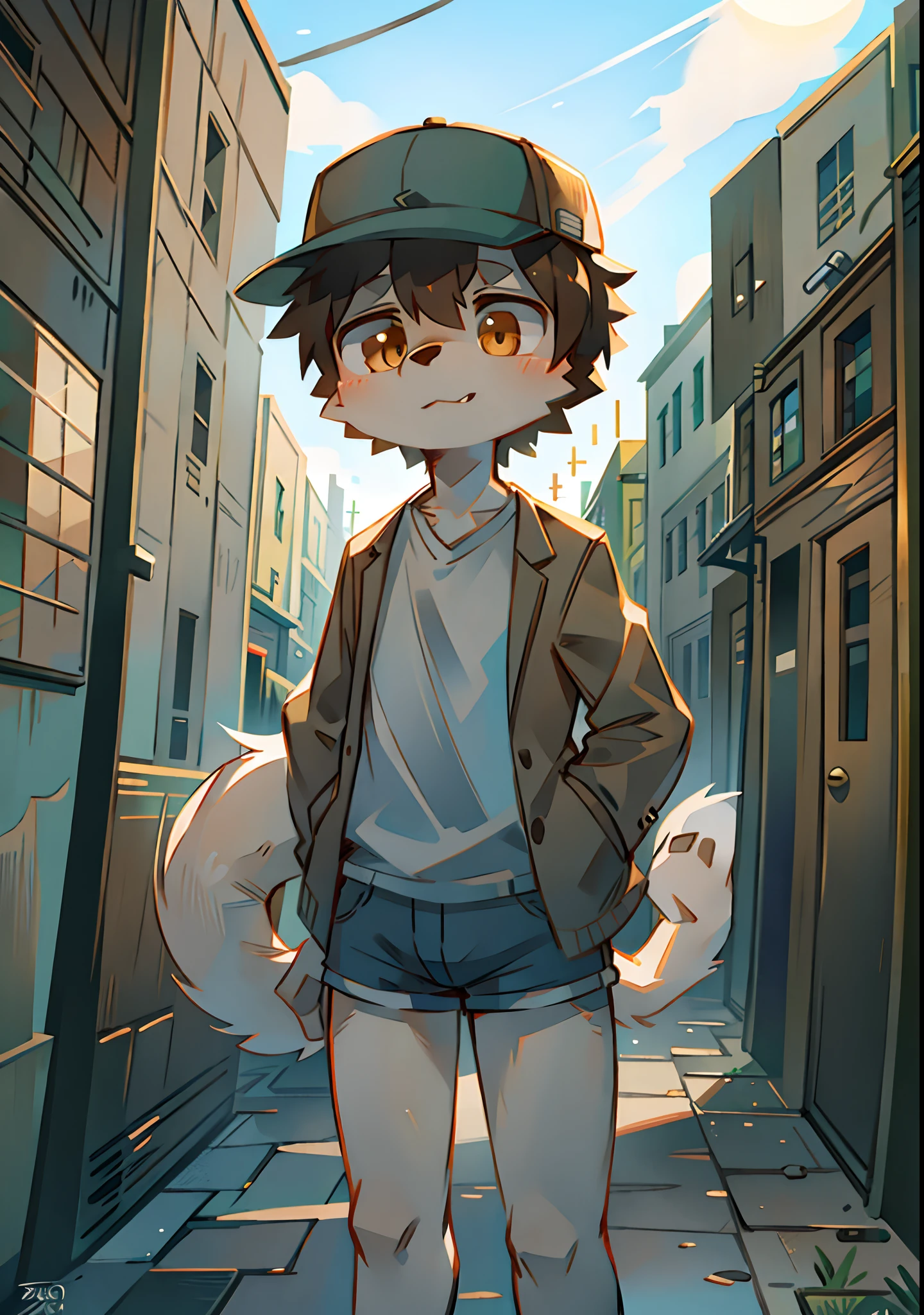 The streets of London at the beginning of the twentieth century，Cute little wolf，Libido boy，Slim figure，pale gray fur，Bright morning sun，Brown newsboy hat，white short blouse，brown shorts，Sell moe，Bright and smart eyes（A masterpiece）（high qulity）（Clear structure）（Clear lines）（Background of extreme detail）（extremelydetailedcharacter）
