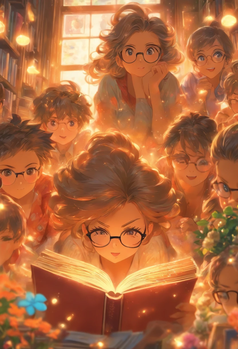 Quality first,masterpiece in detail,Middle-aged woman wearing glasses,sportrait,closeup cleavage,Several cute kids reading a book,in class room,fresh flowers,Rich in color