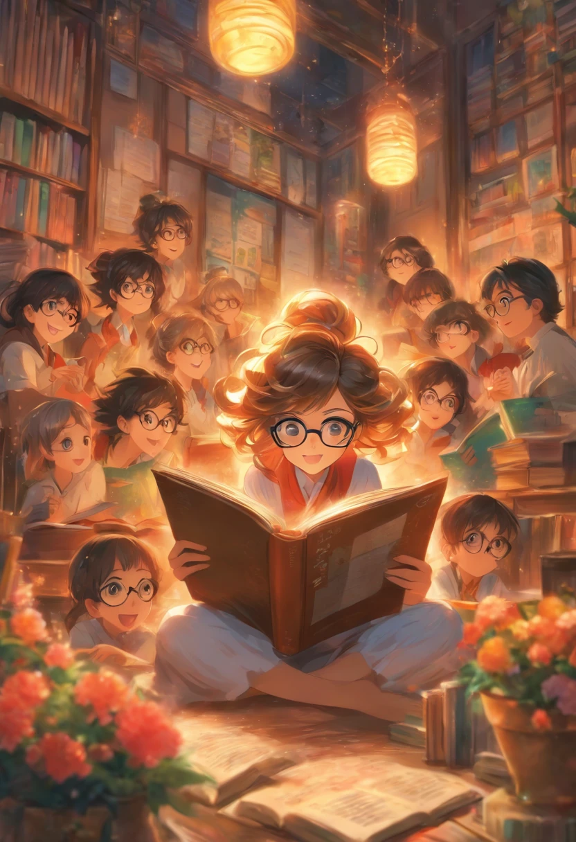 Quality first,masterpiece in detail,Middle-aged woman wearing glasses,sportrait,closeup cleavage,Several cute kids reading a book,in class room,fresh flowers,Rich in color