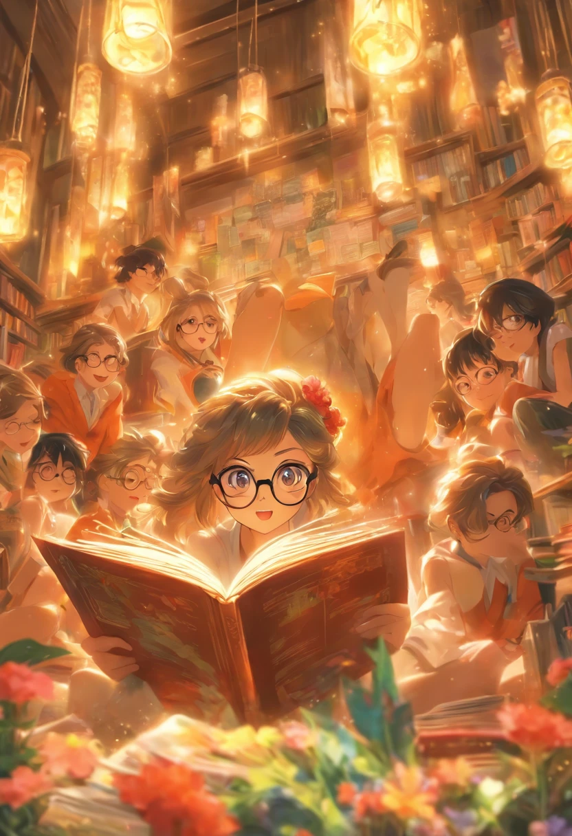 Quality first,masterpiece in detail,Middle-aged woman wearing glasses,sportrait,closeup cleavage,Several cute kids reading a book,in class room,fresh flowers,Rich in color