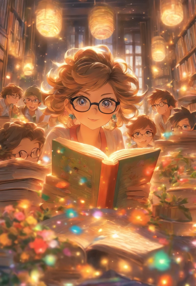 Quality first,masterpiece in detail,Middle-aged woman wearing glasses,sportrait,closeup cleavage,Several cute kids reading a book,in class room,fresh flowers,Rich in color