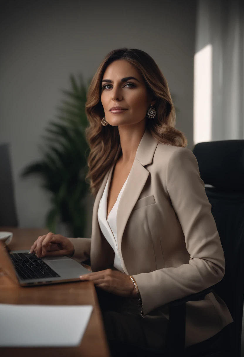 4k, Realistic, Charismatic, Very detailed, there's a girl(40anos, cabelos loiros bem claros,longos com pontas claras, olhos esverdeados,bem maquiado,luxury businesswoman,psychologist,slim with medium breasts ,roupas blazer ,luxury brand pants ,Saco Dior ,sitting in the office with MacBook,)estilo profissional para colocar no Instagram