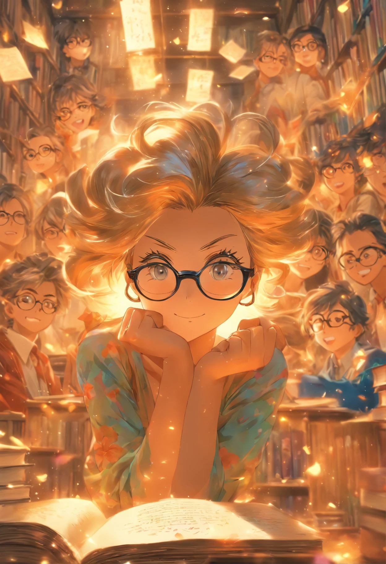 Quality first,masterpiece in detail,A middle-aged woman wears glasses,sportrait,closeup cleavage,Several students wrote,looking at book,in class room,fresh flowers,Rich in color