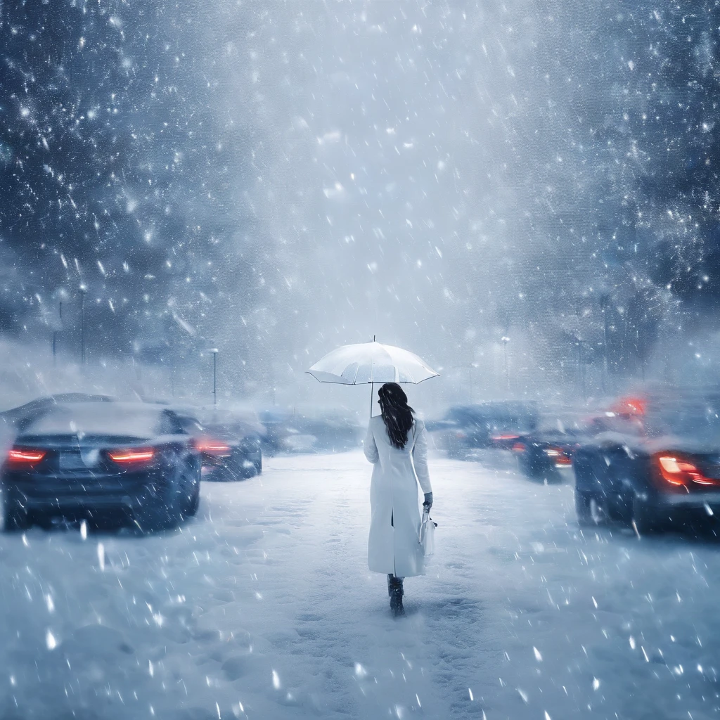 Winters,the night,nevando,Snow on the ground,pedestrian walkway,Holding an umbrella,White umbrella,Long white dress,shot from a far distance,