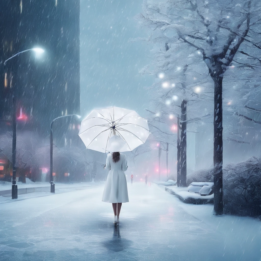 Winters,the night,nevando,Snow on the ground,pedestrian walkway,Holding an umbrella,White umbrella,Long white dress,shot from a far distance,