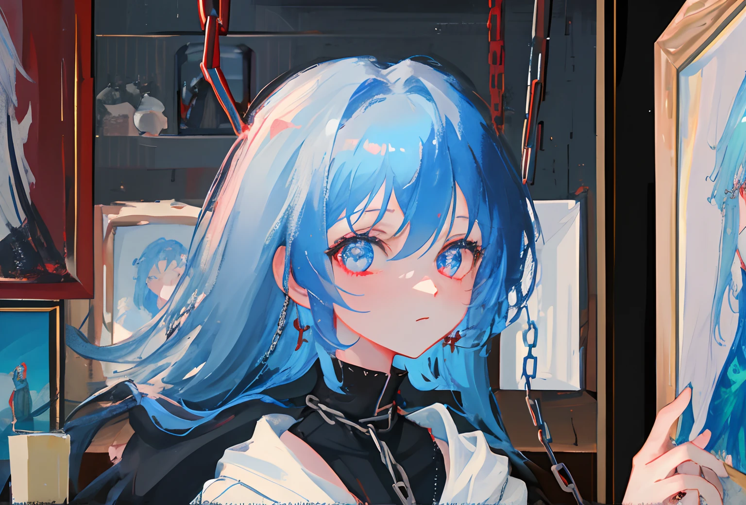 1 girl, upper body, light blue hair, red eyes, blood, chains, dim light, indoors, paintings, portraits