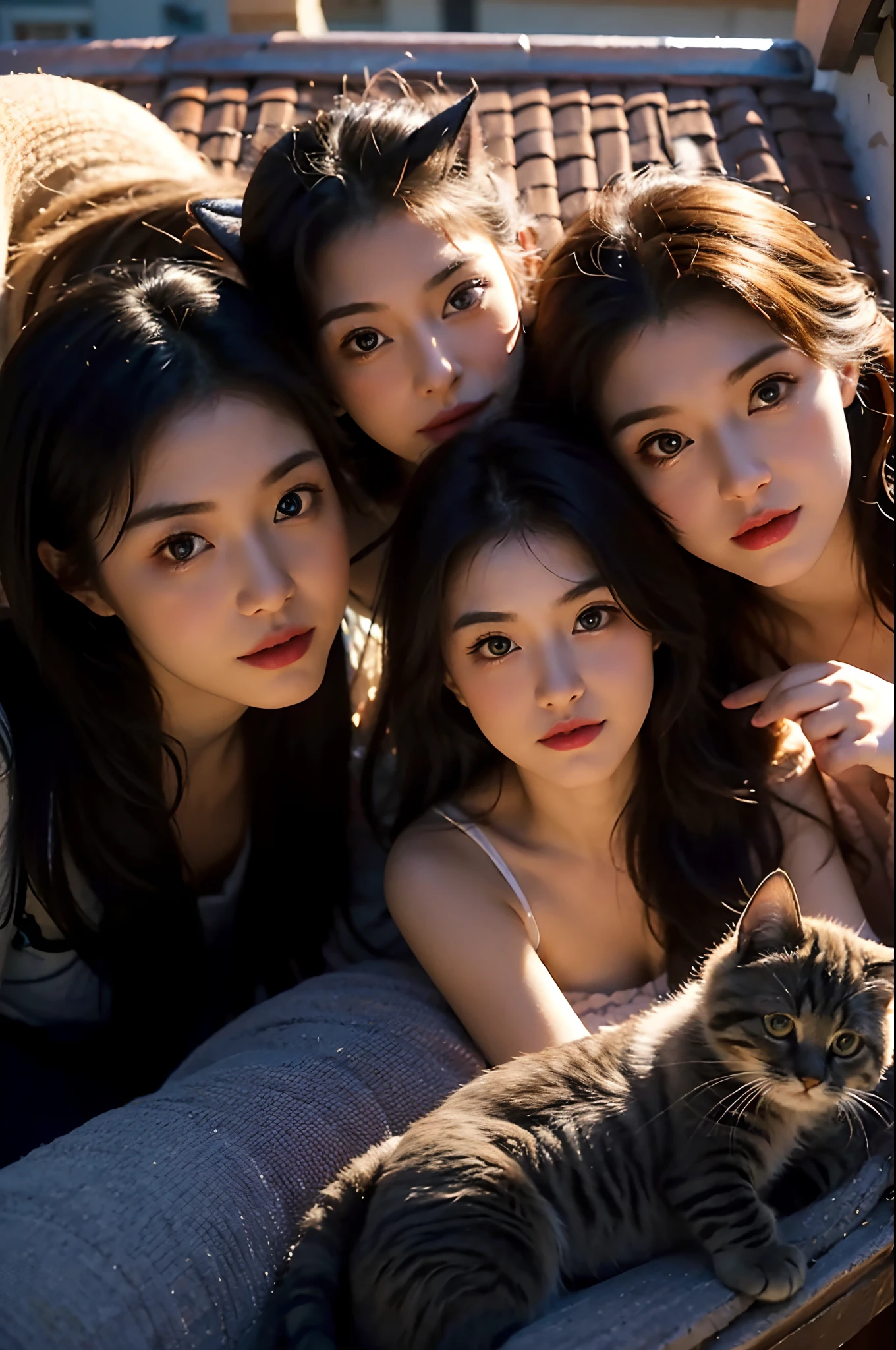 CARTOON, DISNEY STYLE, OIL painted, intricate, TWO ADULT CATS, THREE KITTENS, ON A ROOF TOP, characteristic portrait of a lovely woman, kindness, beauty, softness, big beautiful eyes, volumetric lighting, beautiful, rich deep colors, masterpiece, sharp focus, ultra detailed, astrophotography