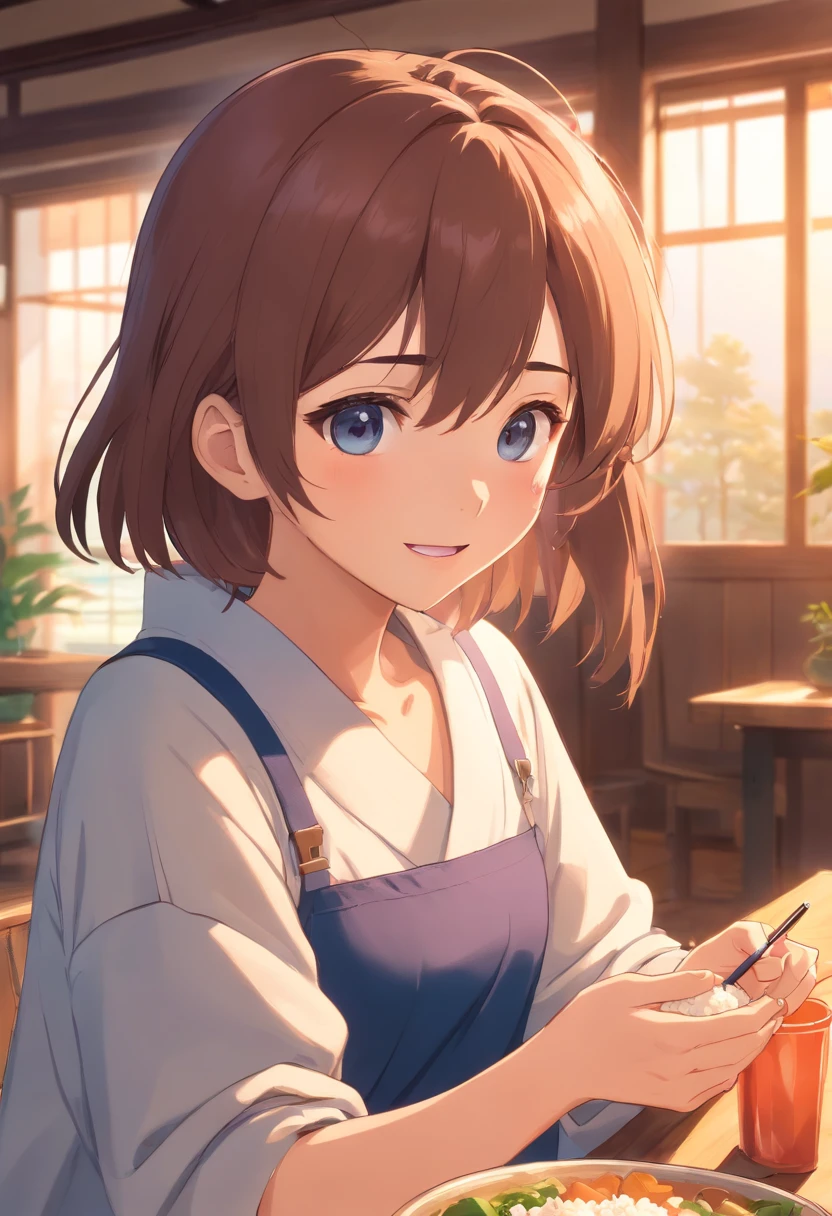 masterpiece、top-quality、Movie stills、1girl in、Eating rice balls with one hand、Mouth wide open to the maximum、is crying、Hold the pen with your other hand、inside in room、a closeup、Happiness、Warm and soft lighting、zori、(Spark:0.7)