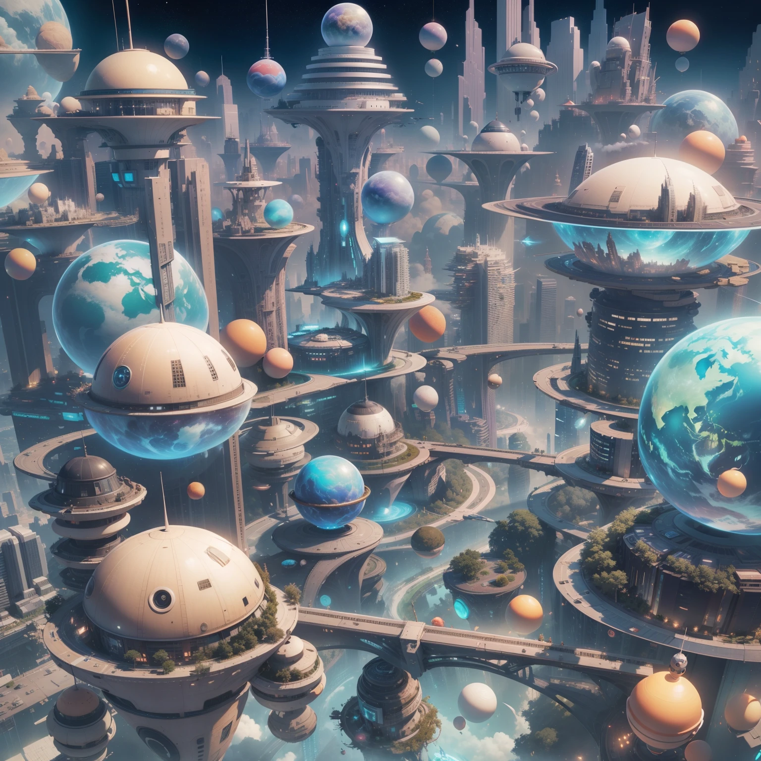 Space City、Futuristic cities、alien、floating in the universe、cyberpunked、Skyscrapers line the streets、A space station、top-quality、masterpiece、24century、dream、utopian、planet earth、World of Dreams、Fantasia、𝓡𝓸𝓶𝓪𝓷𝓽𝓲𝓬、Beautiful city