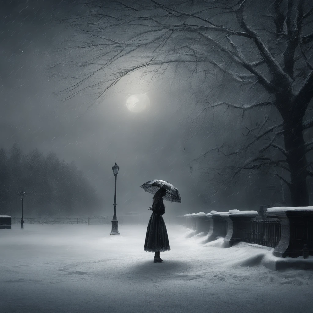 A girl in a winter night, standing on a snowy ground with a pedestrian walkway. She is holding a white umbrella, dressed in a long white dress. The scene is captured from a far distance. The snow on the ground adds a serene ambiance to the image. The white umbrella contrasts with the dark night, creating a captivating visual effect. The girl's dress dances in the wind, adding a sense of grace and movement. The snowflakes falling from the sky create a dreamy atmosphere. The image is of the best quality, with ultra-detailed features and a realistic, photorealistic style. The colors are vivid and the lighting highlights the beauty of the winter scene.
