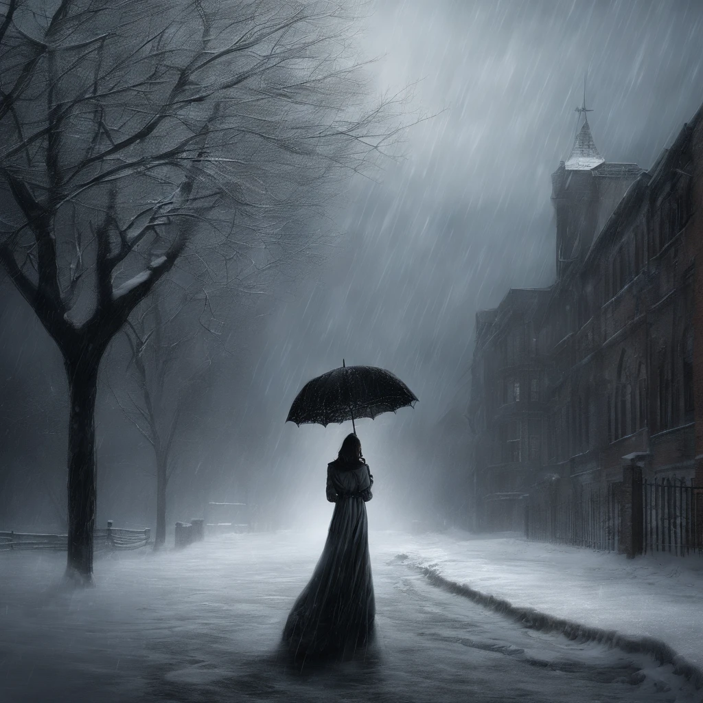 A girl in a winter night, standing on a snowy ground with a pedestrian walkway. She is holding a white umbrella, dressed in a long white dress. The scene is captured from a far distance. The snow on the ground adds a serene ambiance to the image. The white umbrella contrasts with the dark night, creating a captivating visual effect. The girl's dress dances in the wind, adding a sense of grace and movement. The snowflakes falling from the sky create a dreamy atmosphere. The image is of the best quality, with ultra-detailed features and a realistic, photorealistic style. The colors are vivid and the lighting highlights the beauty of the winter scene.