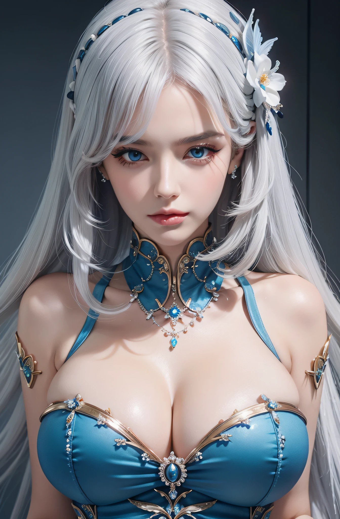 masterpiece, white long hair, wearing blue navy dress elegant, beautiful face, black eyeshadow, blue nail polish, glare, trident mermaid headband, photorealistic