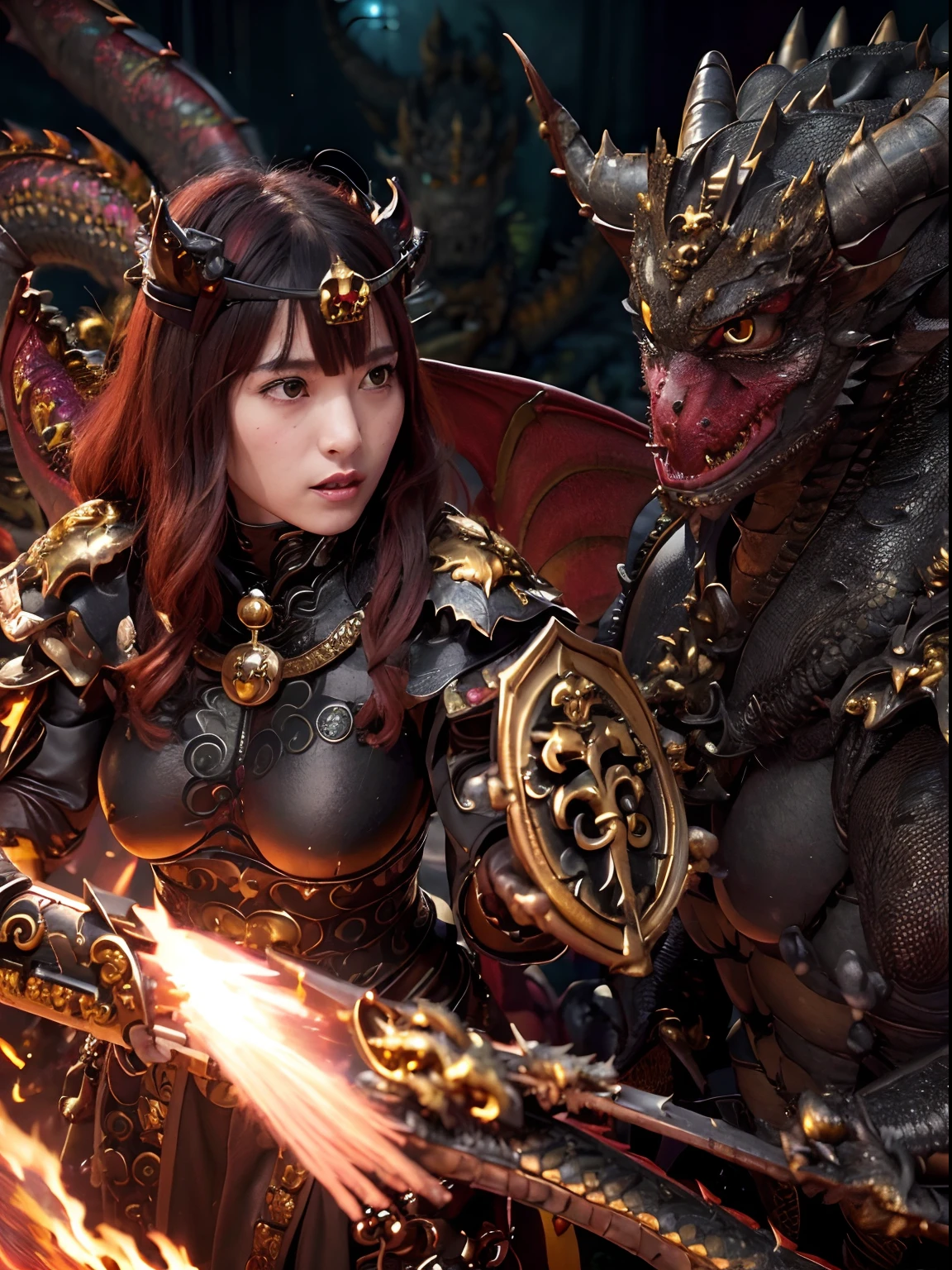(The Ultimate Beauty Face), Professional , ​masterpiece、top-quality、photos realistic , depth of fields （Gemstone Black Metal Body:1.4),(Matte Black、（cleavage of the breast）、Dragon Gold Weapon,Mystical expression、Particles of light、((((Fight dragons)))、（Dragon Metal Body:1.４),Gorgeous Silver Weapons ,（（ Dragon's dense and gorgeous sword）） , Beautiful knife   ,warhammer 40k , adepta sororitas,Detail and gorgeous crown、（（Red hair））、（Castle background）、、（（Gangle's forest background））、Beautiful Caucasian beauty、１a person、dynamic ungle,(((Detailed and ornate Black Devil Crown)))、Smaller head、A smile、Castle background、Thin and beautiful female hands、cleavage of the breast、Soldier in iron armor on background、Mystical expression、Light Effects、intense fighting、Wind-effect、magic circles、With the legendary magic wand、（demonic wings）、