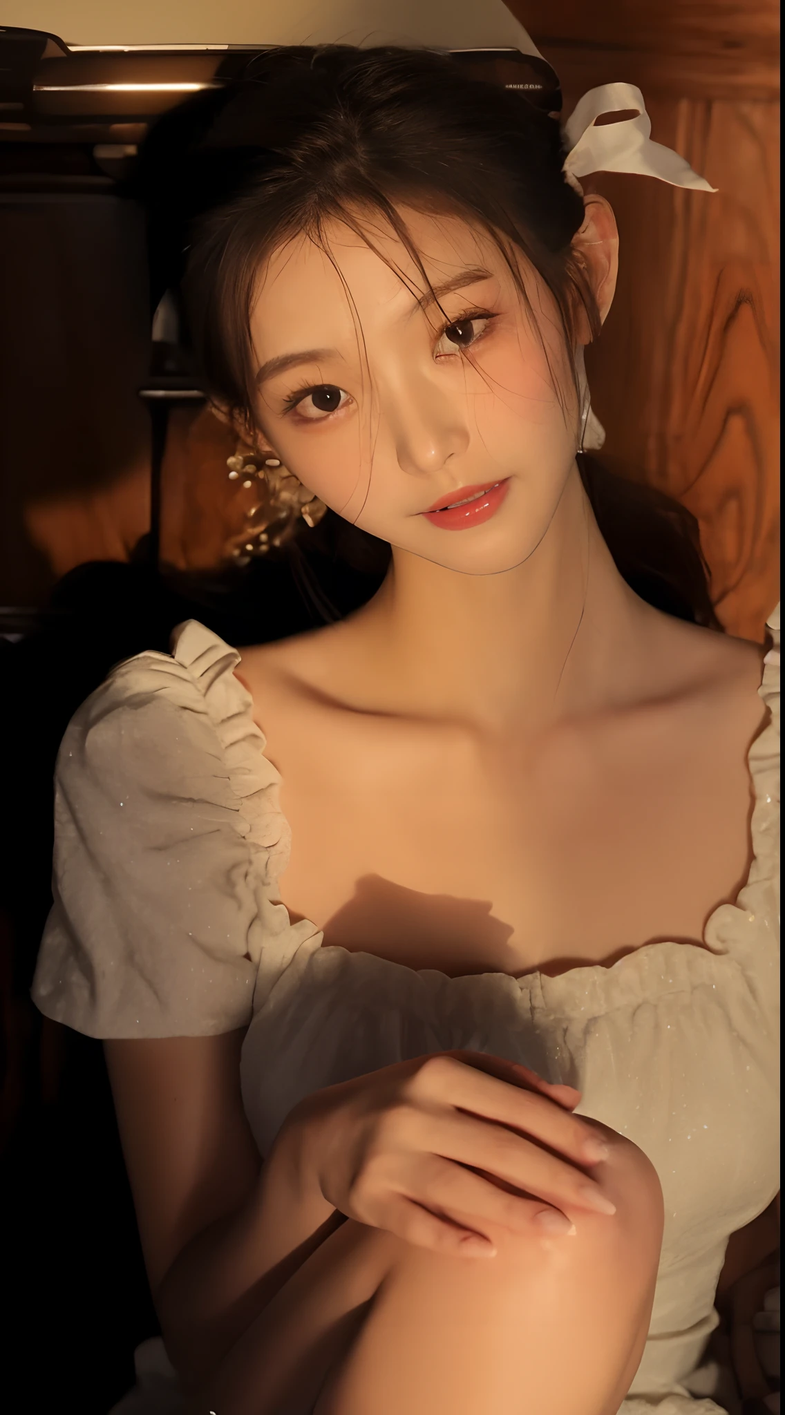 ((Best quality, 8k, Masterpiece :1.3)), 1girl, smiling, full body, slim face, Pretty woman, (Dark brown hair), full length dress :1.1, Ultra-detailed face, Detailed eyes, Double eyelid, blur background, slim face, city, outside, street,