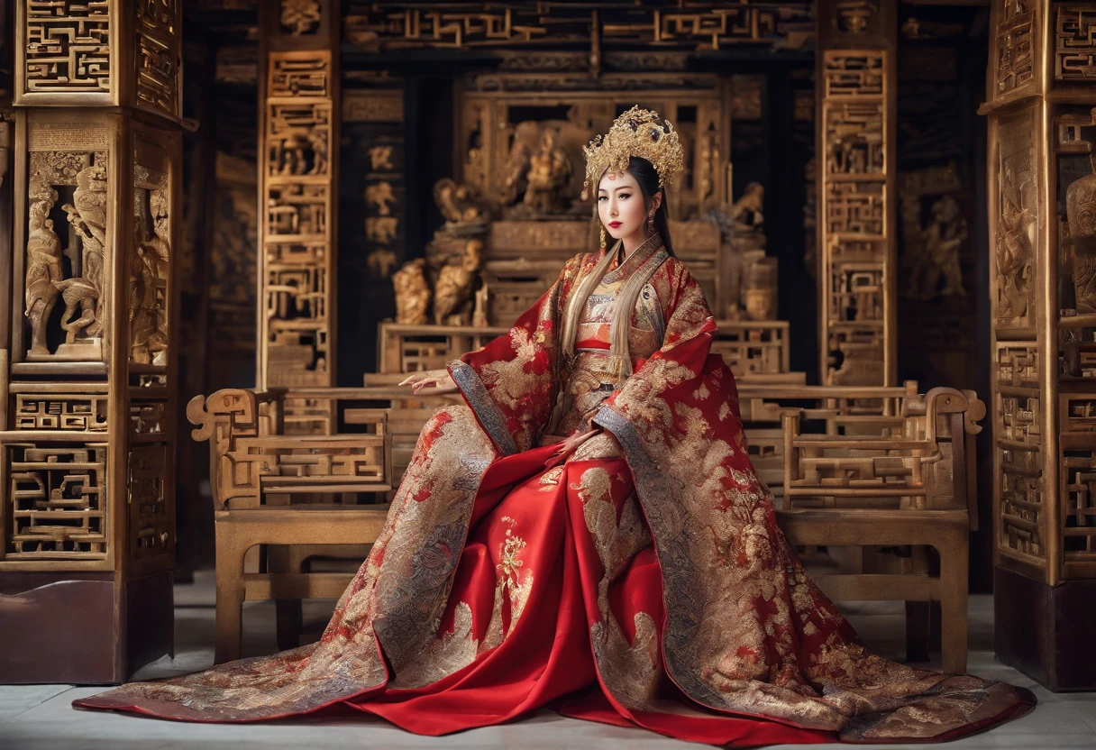 Fengshen Bang,tmasterpiece,ultra fine photos,,best qualtiy,超高分辨率,Photoreality,Chiaroscuro,(full-body portraits),stunningly beautiful,dynamicposes,delicated face,Bigchest,Murderous eyes,(seen from the side),She wears gold ancient Chinese armor,very highly detailed background,detailed face with,Detailed and complex busy background,untidy,opulent,milkyW,Highly detailed skin,Realistic details of skin,Visible Pore,tack sharp focus,volume fog,8k uhd,digital SLR camera,high qulity,filmgrain,White skin of the,photo-realism,lomography,The palace of the Yin Shang King in ancient China , look from down, semi transparent, gigantic breasts, showing cleavage, full body shot camera angle, lotus tattoo on forehead, sexy body: 1.4, Slim abdomen: 1.2, sitting on chair with her legs opens in an M shape, gigantic deep cleavage, open shirt, opens her legs in an M shape,