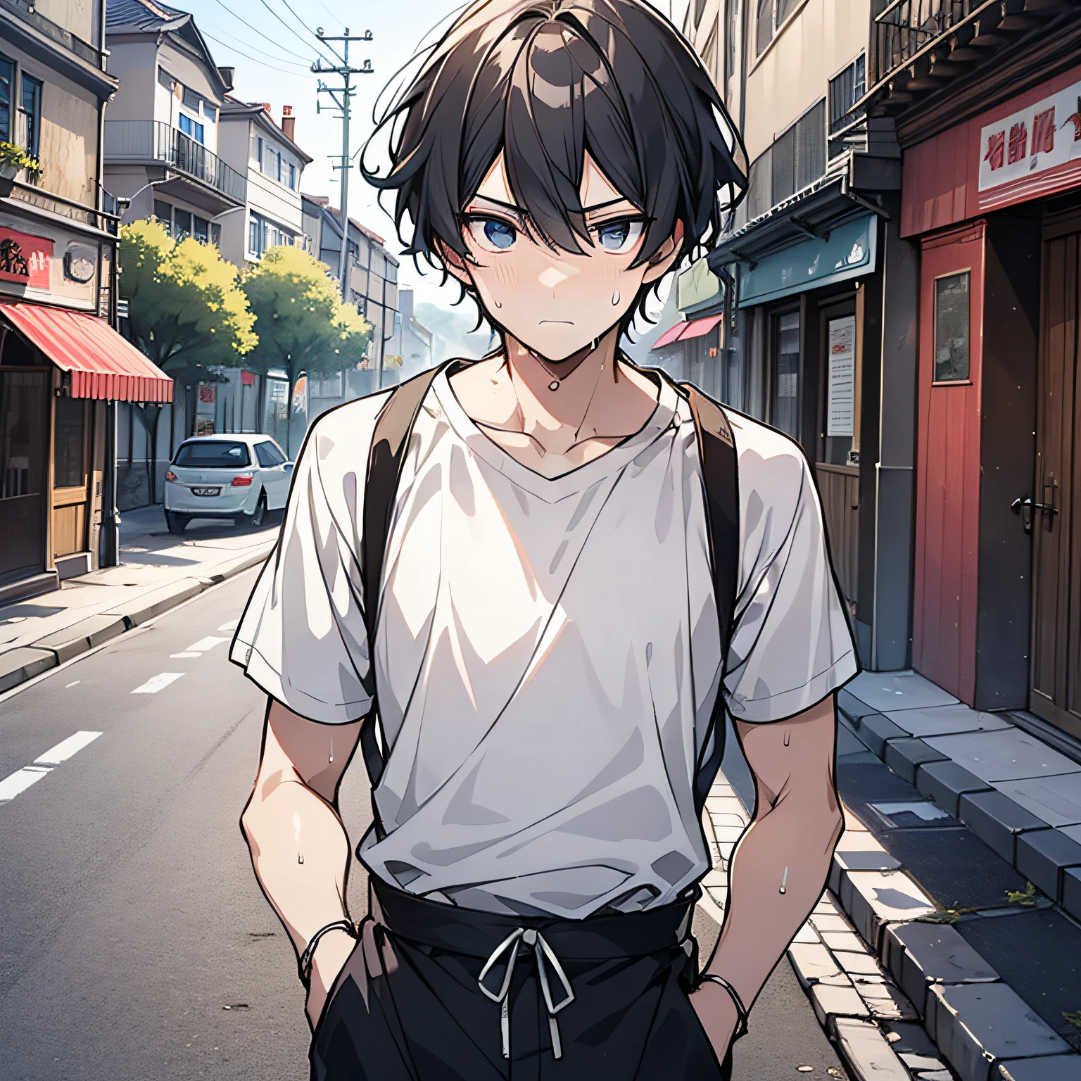 Around 18 years old, young anime man，Short black hair 1.5，Wear a plain white shirt，Stand on the side of the road in town（Frown 1.5）（Sweat 1.5）（The background is on the roadside of the town：1.5），Anime style 4K，Anime rendering，style of anime，8K fineness，（Upper body display：1.5）（Cinematic lighting：1.5）（Handsome anime boy 1.5）