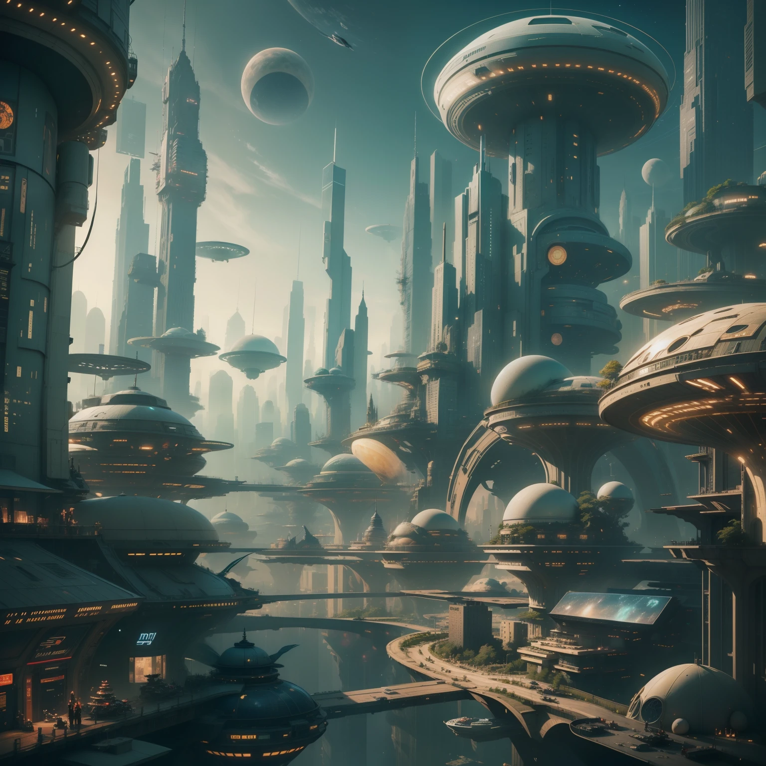 Space City、Futuristic cities、alien、floating in the universe、cyberpunked、Skyscrapers line the streets、A space station、top-quality、​masterpiece、２４century、dream、utopian、planet earth、World of Dreams、Fantasia、𝓡𝓸𝓶𝓪𝓷𝓽𝓲𝓬、Beautiful city