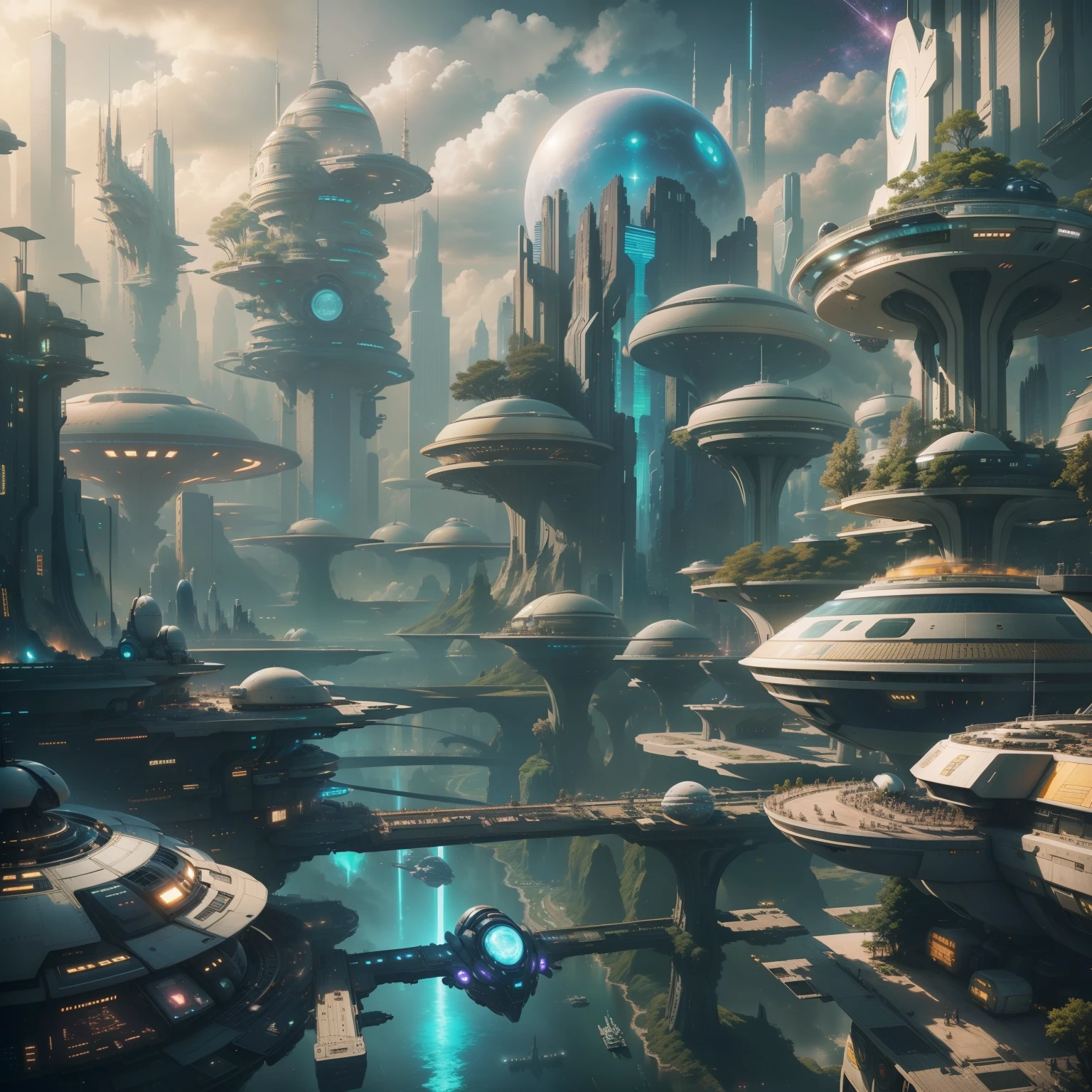 Space City、Futuristic cities、alien、floating in the universe、cyberpunked、Skyscrapers line the streets、A space station、top-quality、masterpiece、24century、dream、utopian、planet earth、World of Dreams、Fantasia、𝓡𝓸𝓶𝓪𝓷𝓽𝓲𝓬、Beautiful city