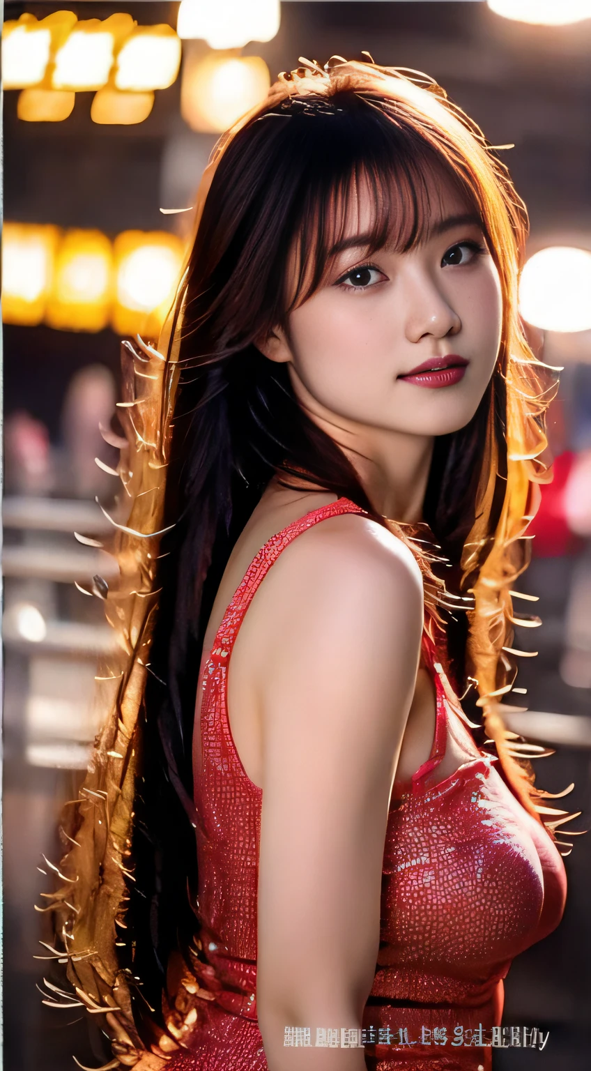 top-quality。8K-Picture。Ultra-high pixel。The background is the city at night。girl with。hair is long and slightly wavy,,,,,,,,,,,,,,,,,,,,,,,,,,,,,,,,,,,,,,,,,,,,,,,,,。The color is dark brown。Glamour style、((huge-breasted:1.8))。wearing red dress、Photos dancing brilliantly。Delicate finish overall。The body line is gorgeous。legs are long、Wear red high heels。((Hair shines like a reflection of the street。The eyeball reflects the surrounding landscape。The skin is wet with night dew))。Almost perfect woman。((time々In close-up of the upper body))。The second highlighted part々I want you to express it in close-ups。
