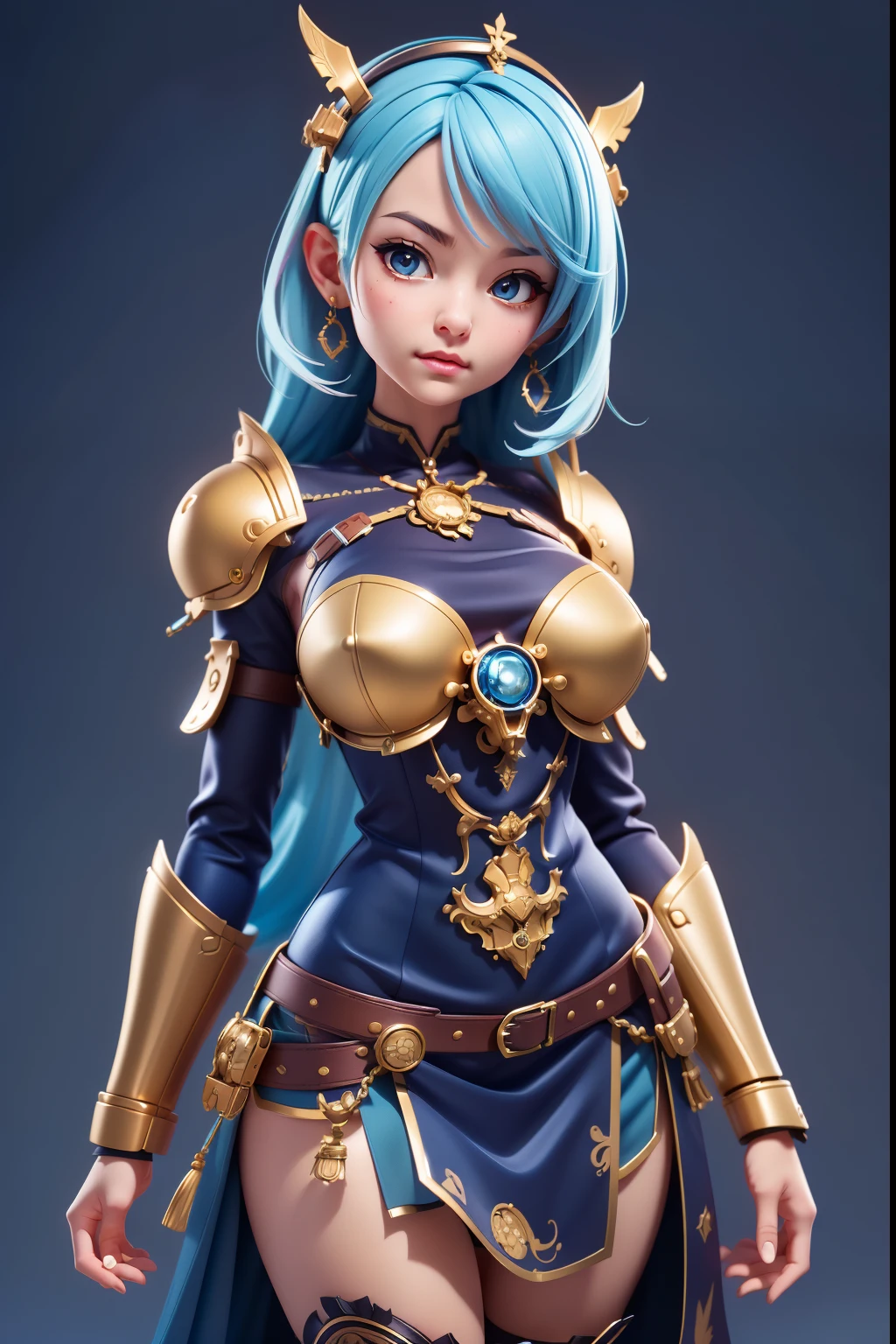 (masutepiece),(Best Quality:1),(超A high resolution:1),Wallpaper, detailed illustration, Detailed beautiful skin, 1girl in, Solo, Machine-made armor,Western sword、steampunc、 Blue hair,short-hair、 Sexy, fullllbody、middlebreasts, Mini Plaid Skirt, Single-color background