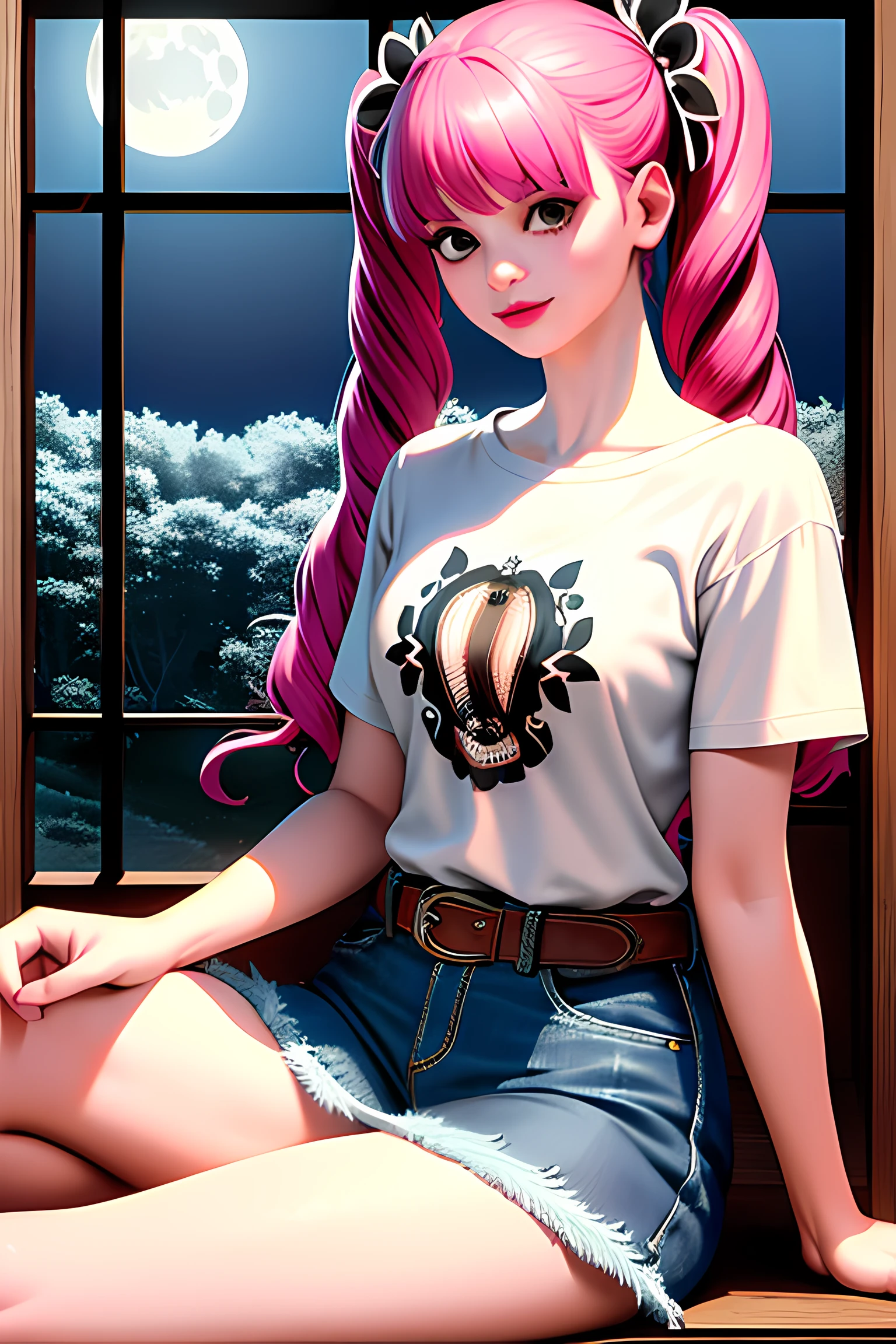 ultra realistic 8k cg, masterpiece, ((ultra detailed background, delicate pattern, intricate detail)), (highly detailed, fine details), best quality, 1girl, (photorealistic:1.4),beautiful lighting,  absurdres, RAW photo, film grain, ((medium breasts, slim girl)), PeronaChan, 1girl, long hair, pink hair, solo, black eyes, blunt bangs, twintails, drill hair, smile, dress, jeans, t-shirt, round neck, sitting, bench, outdoors, belt, cowboy shot, forest, night, moon, lipstick, makeup, (complex detailed background, inside, bedroom environment, posters, window),  ((close-up, portrait)),