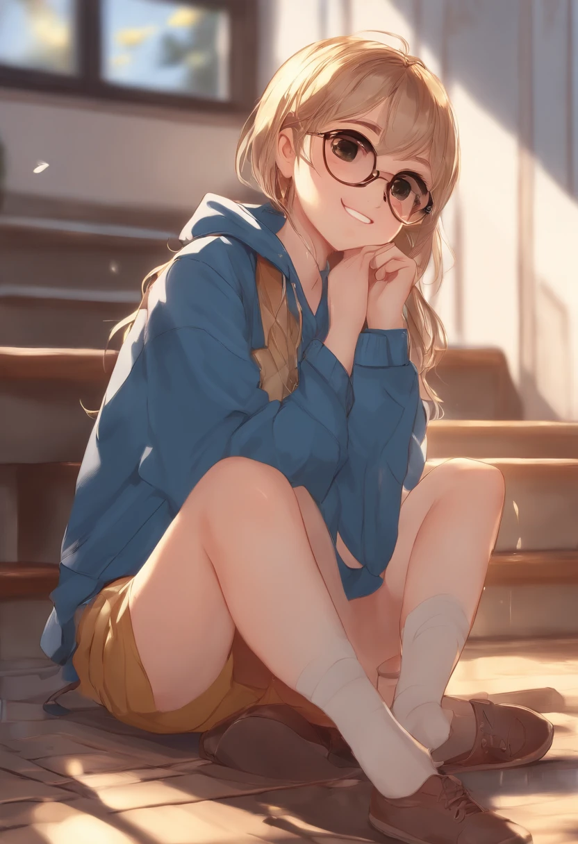 Anime, Wet Clothes, Cute expression , golden sunlight, blue eyes, trendy glasses, blushing cheeks, playful smile, sitting in the floor pose
