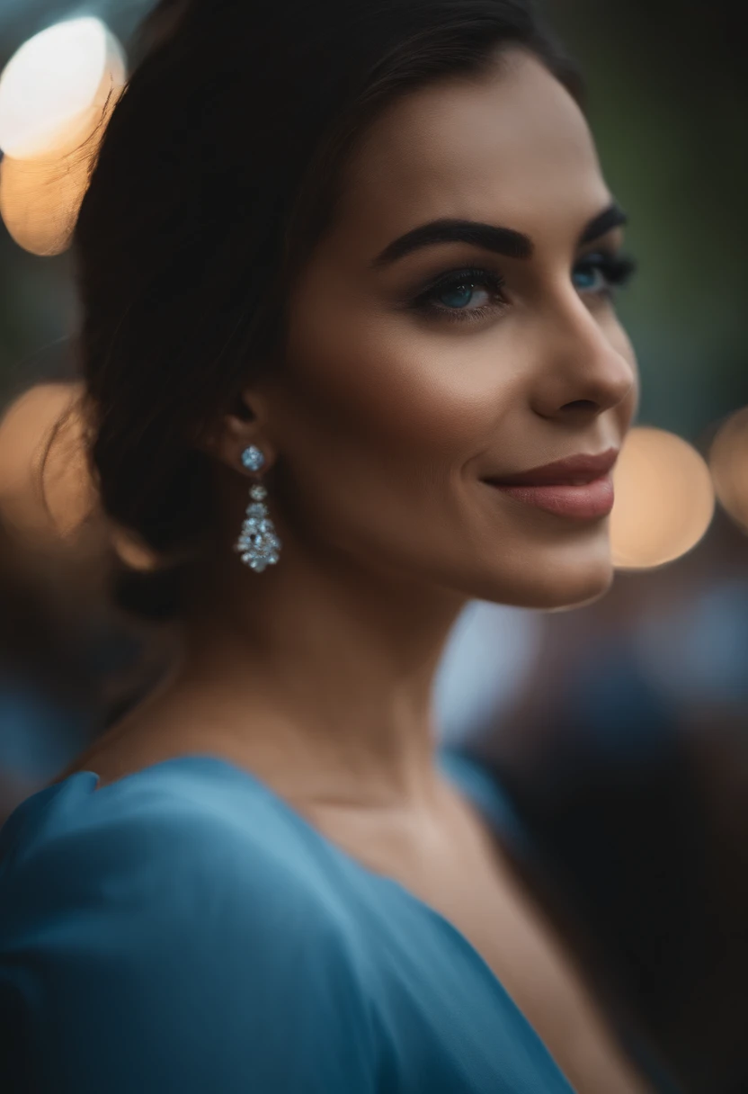 ((best quality, 8k, master part: 1.3)), ((1girl:1.5)), Abs Slim Beleza: 1.3, penteado casual, (Grupo Blue Long: 1.5), Cara super fina, Olhos Delicados, double eyelids, sorrir, (Mostrando dentes de tigre: 1.2), Dancing
