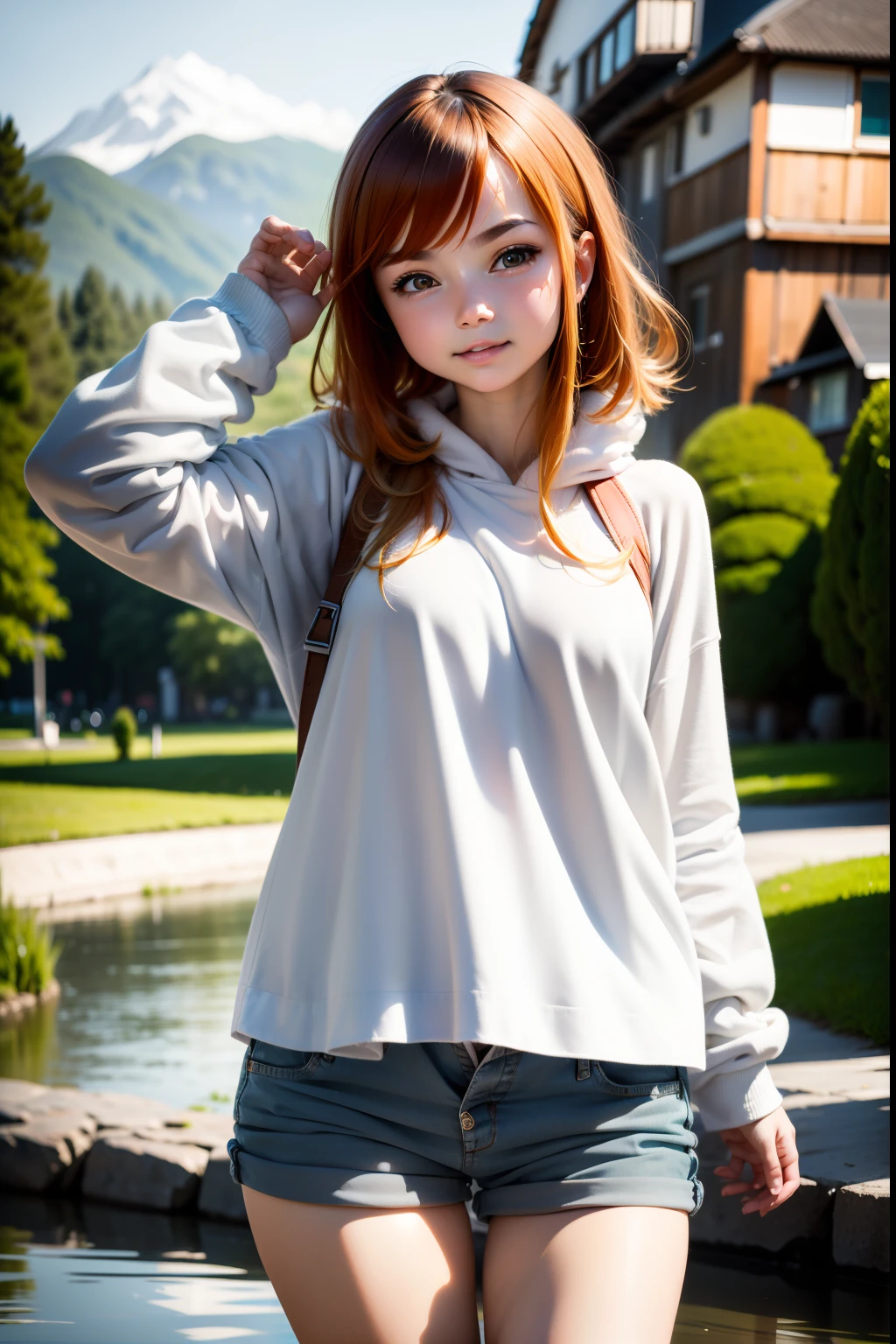 ((Extreme Detail)),(Ultra-detailed), detailed face depiction,Best Quality, masutepiece,(((Front-facing fashion pose:1.2)))、 parka、shortpants,Smirking expression,eyebrows are thin:1.3,(((blurry backround:1.2))),plein air,Lake baikal