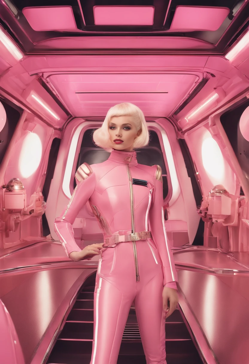 Masterpiece, Madelyn Cline, hot pink leotards, white belt, blonde hair, wet skin, facing the camera, standing, in a spaceship