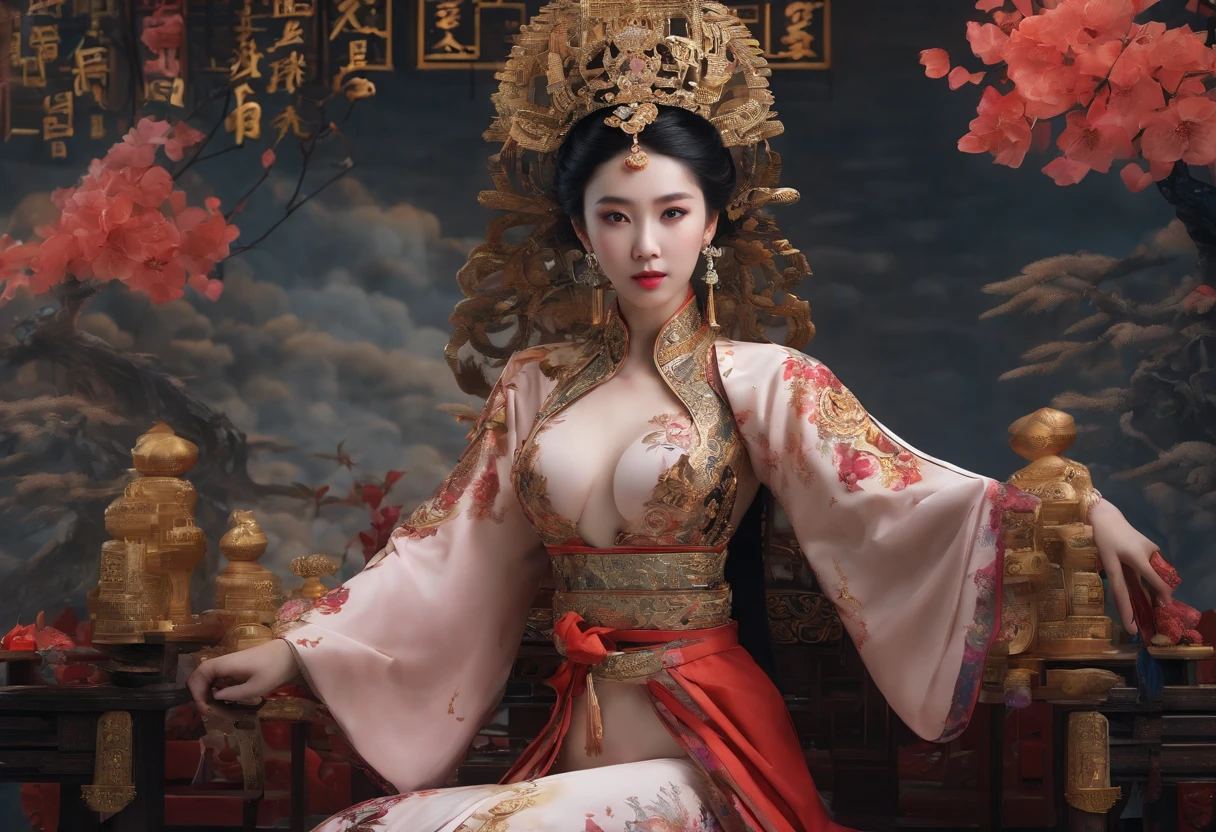 Fengshen Bang,tmasterpiece,ultra fine photos,,best qualtiy,超高分辨率,Photoreality,Chiaroscuro,(full-body portraits),stunningly beautiful,dynamicposes,delicated face,Bigchest,Murderous eyes,(seen from the side),She wears gold ancient Chinese armor,very highly detailed background,detailed face with,Detailed and complex busy background,untidy,opulent,milkyW,Highly detailed skin,Realistic details of skin,Visible Pore,tack sharp focus,volume fog,8k uhd,digital SLR camera,high qulity,filmgrain,White skin of the,photo-realism,lomography,The palace of the Yin Shang King in ancient China , look from down, semi transparent, gigantic breasts, showing cleavage, full body shot camera angle, lotus tattoo on forehead, sexy body: 1.4, Slim abdomen: 1.2, sitting on chair, gigantic deep cleavage, open shirt, opens her legs in an M shape,