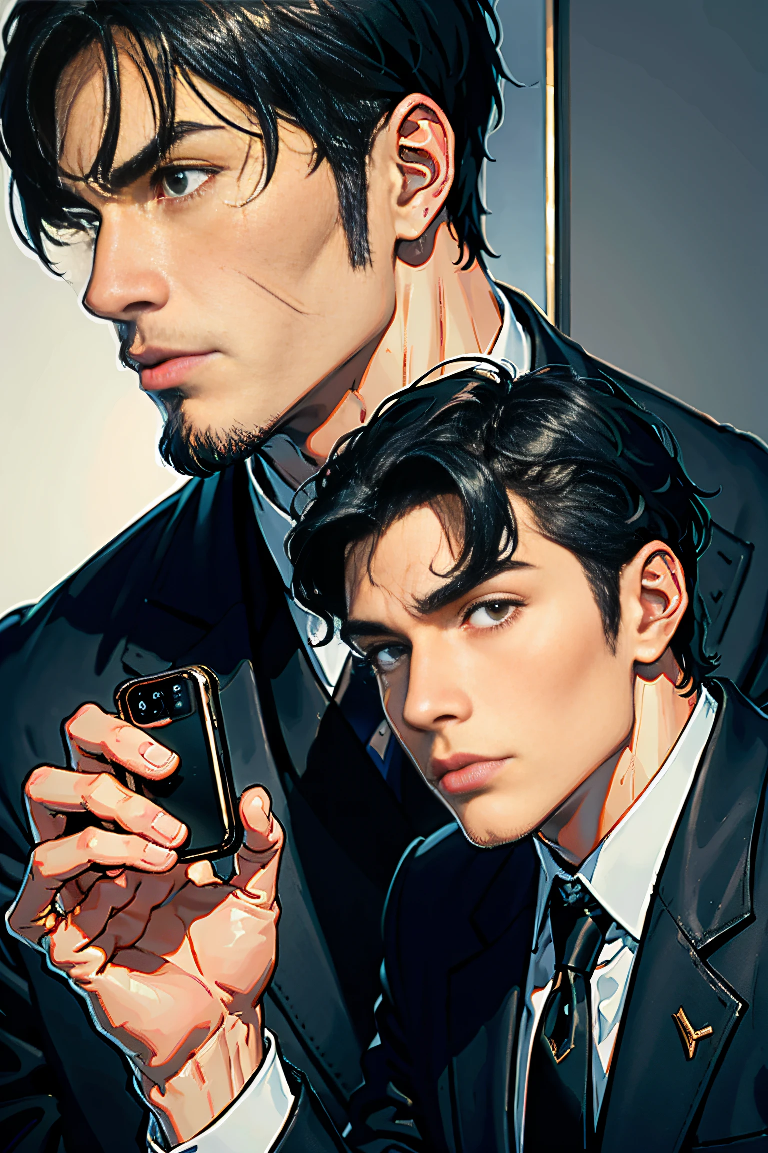 (highest resolution, distinct_image) best quality, ((two men)), supporting each other, masterpiece, high detail, semi-realistic, black short hair, black hair, bangs, mature, young, tall and strong, the right hand body is wearing a black coat, Stern and serious, tall and handsome, majestic and mighty, with exquisite facial features, ((with perspective mirror))