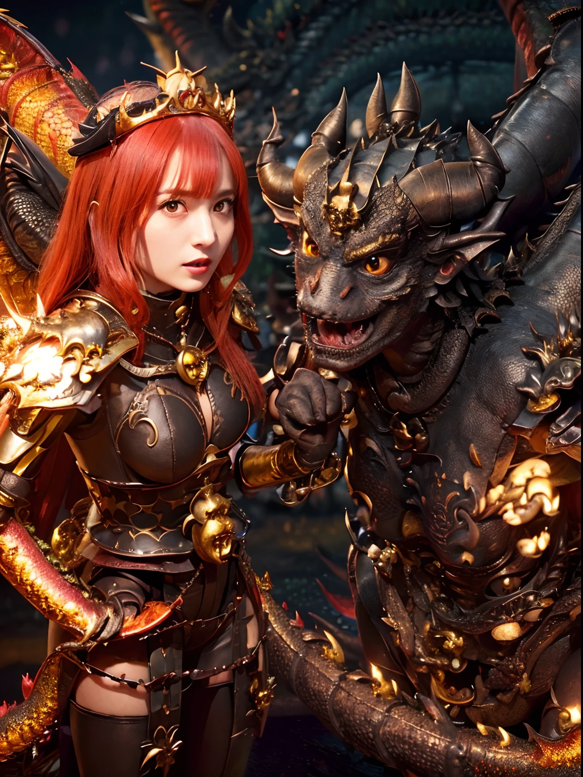 (The Ultimate Beauty Face), Professional , masterpiece、top-quality、photos realistic , depth of fields (Gemstone Black Metal Body:1.4),(Matte Black、(cleavage of the breast)、Dragon Gold Weapon,Mystical expression、Particles of light、((((Fight dragons)))、(Dragon Metal Body:1.4),Gorgeous Silver Weapons ,(( Dragon's dense and gorgeous sword)) , Beautiful knife ,warhammer 40k , adepta sororitas,Detail and gorgeous crown、((Red hair))、(Castle background)、、((Gangle's forest background))、Beautiful Caucasian beauty、1a person、dynamic ungle,(((Detailed and ornate Black Devil Crown)))、Smaller head、A smile、Castle background、Thin and beautiful female hands、cleavage of the breast、Soldier in iron armor on background、Mystical expression、Light Effects、intense fighting、Wind-effect、magic circles、With the legendary magic wand、(demonic wings)、