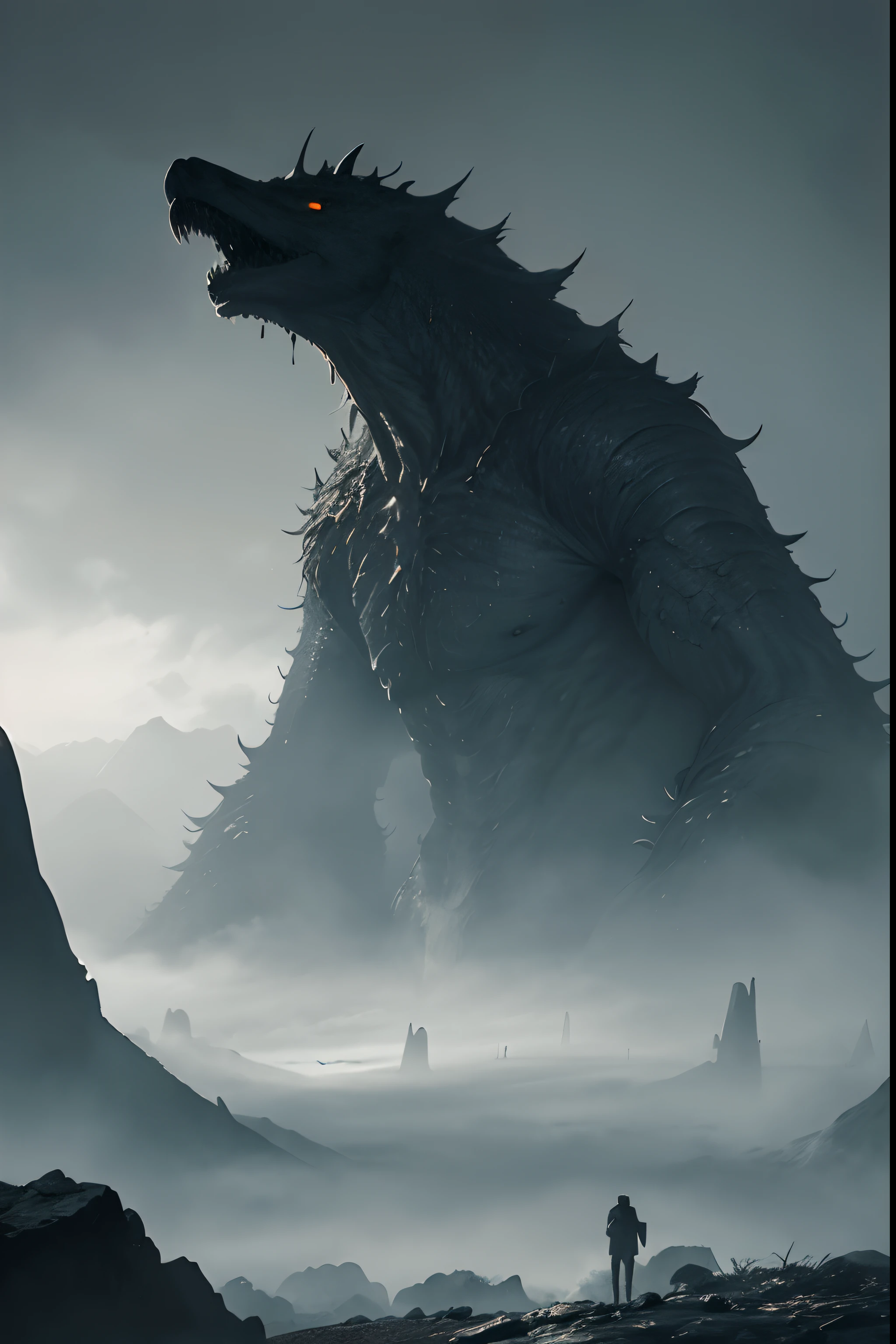 Black mountain, dark mountain, dense mist and elements of rust and decay to create an oppressive atmosphere.BREAK Gigantic monster, kaiju, Use distorted camera angles and unusual framing to convey the sense of disorientation and terror characteristic of the Silent Hill universe, Detailed, Extremely Detailed, Ambient Soft Lighting, 4K,Blurry, Blurry Background, Depth of Field, Bokeh, DOF, Fog, Bloom
Outdoors, (Nature, fantasy forest:1.2), (Rocks:1.2), dark, rainy, dull, pale, faded, disgusting, ugly fog,