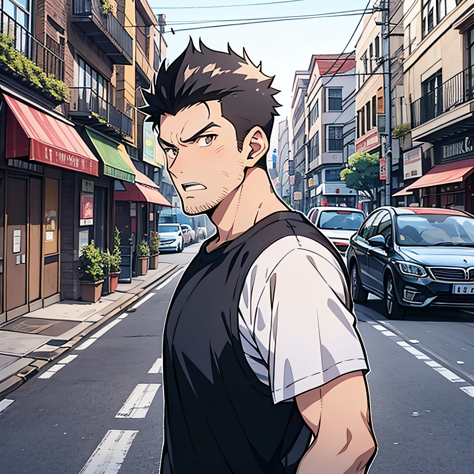 A middle-aged uncle,Black hair and baldness,dressed in a white t-shirt,Standing on the side of the road in town with an angry expression(Open mouth 1.5)(Rage 1.5)(The background is on the roadside of town:1.5),Anime style 4K,Anime rendering,style of anime,8K fineness,(Upper body display:1.5)(Cinematic lighting:1.5)Vicissitudes of middle-aged man 1.5(Wrinkle 1.5)(Slag 1.5)