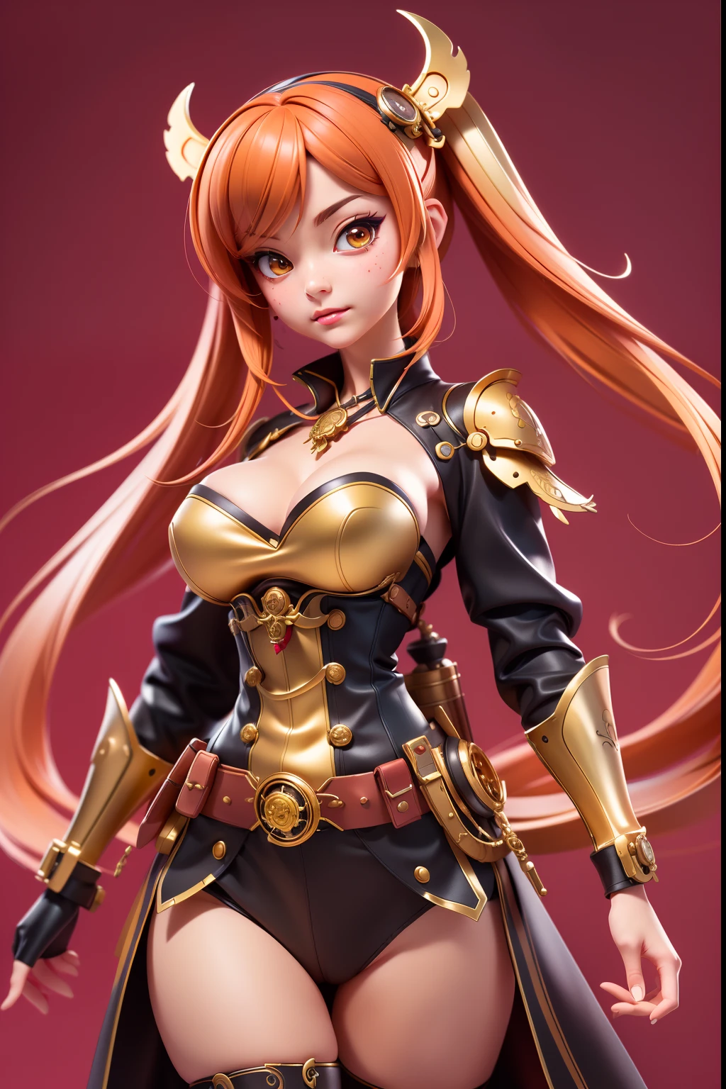 (masutepiece),(Best Quality:1),(超A high resolution:1),Wallpaper, detailed illustration, Detailed beautiful skin, 1girl in, Solo, Steampunk armor、Holding a Western sword、steampunc、 Red twin tails, Sexy, fullllbody、middlebreasts, Single-color background
