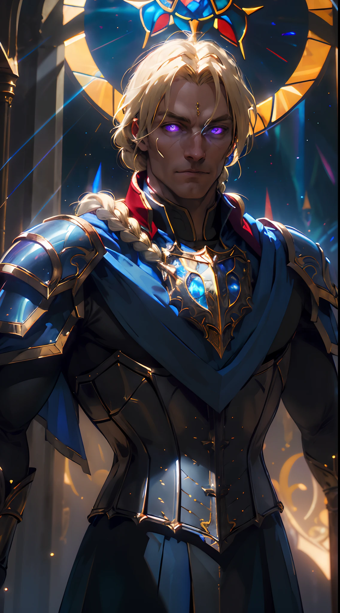 upper body of paladin man in ornate golden armor, black collar, pauldrons, breastplate, corset, glowing halo, single braid, blonde, blue glowing eyes, bright pupils, eye focus, red cape, temple indoors, stained glass windows, night, moonlight, particles, light beam, chromatic aberration