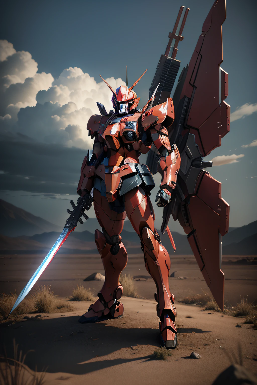 3D animation, the red mecha Gundam image in Japanese anime, holding a mecha sword and long shield, standing in the center of the battlefield, with a damaged image, 3D modeling style, OC rendering, 3D rendering, ultra high definition, 1080k, ultra fine, dark color, dusk