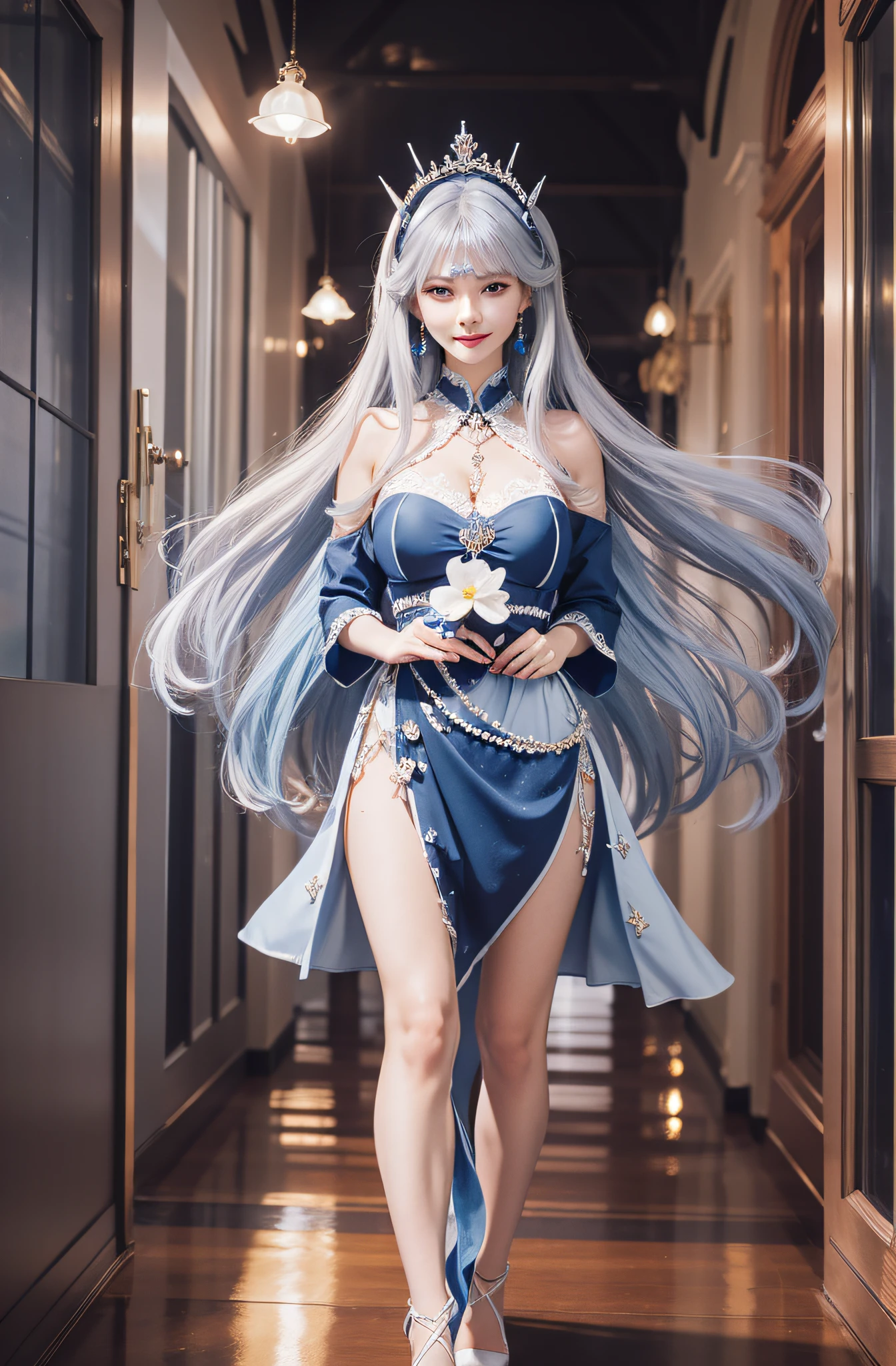 masterpiece, white long hair, wearing blue navy dress elegant, beautiful face, black eyeshadow, blue nail polish, glare expression, smile, trident mermaid headband, photorealistic