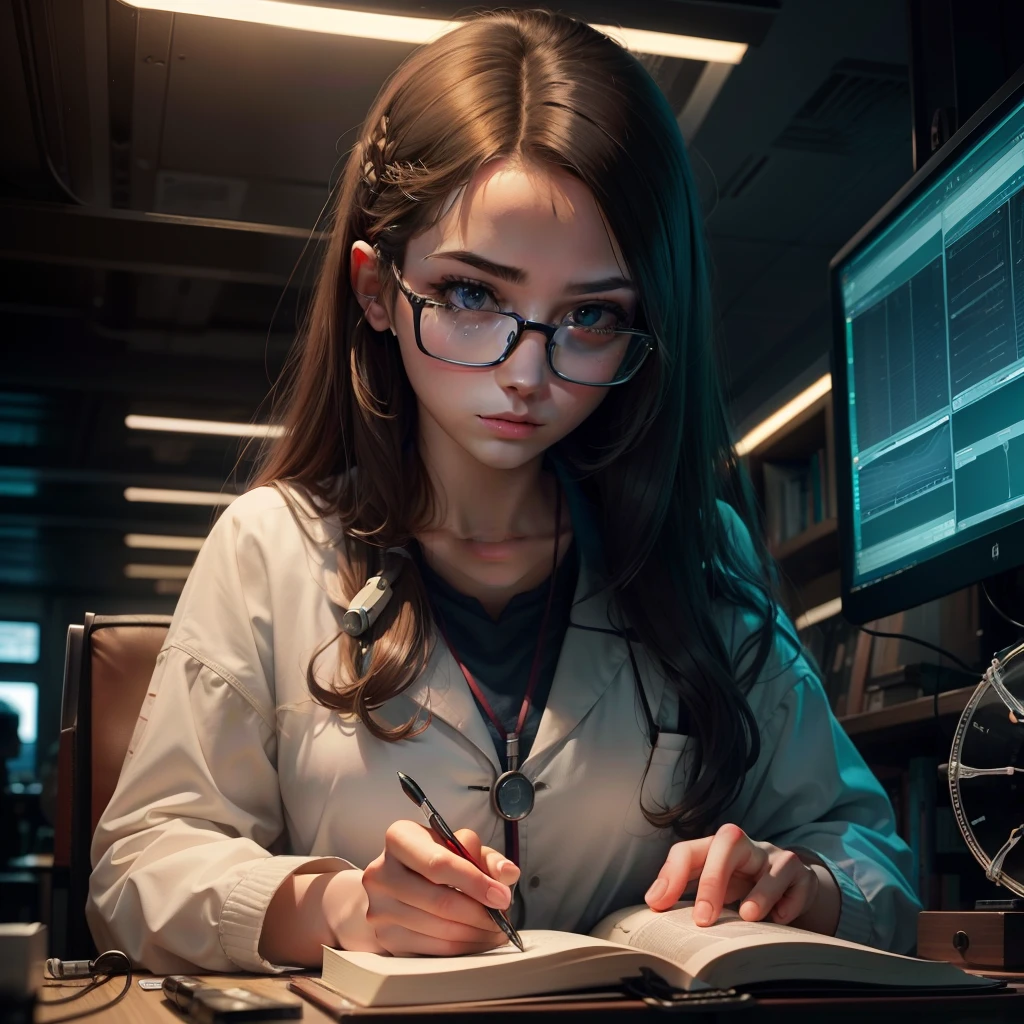 Generate an image depicting a young woman deeply engrossed in the study of the human brain, surrounded by scientific equipment and charts.