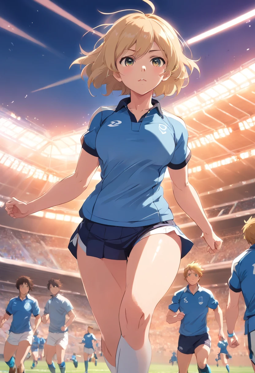 Cute very muscular busty blonde female soccer mom who looks nervous as her very huge muscles are on the verge of shredding her blue striped buttoned collared oxford blouse and white pencil skirt . muscular build, huge tit, 6 Pack Abs, wide hips, gargantuan butt, Chic, very curvy, Huge, broad shoulders, Muscular arms, Muscular legs,(Running with a rugby ball)