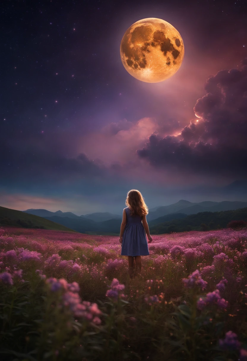 Expansive landscape photograph, (view from below with a view of the sky and the wilderness below), girl standing in a flower field looking up, (full moon: 1.2), (shooting star: 0.9), (nebula: 1.3), distant mountain, tree break production art, (warm light source: 1.2), (firefly: 1.2), lamp, purple and orange, intricate detail, volume lighting BREAK (masterpiece: 1.2), (highest quality ), 4k, ultra-detailed, (dynamic configuration: 1.4), highly detailed and colorful details (iridescent: 1.2), (sparkling lighting, atmospheric lighting), dreamy, magical, (solo: 1.2)