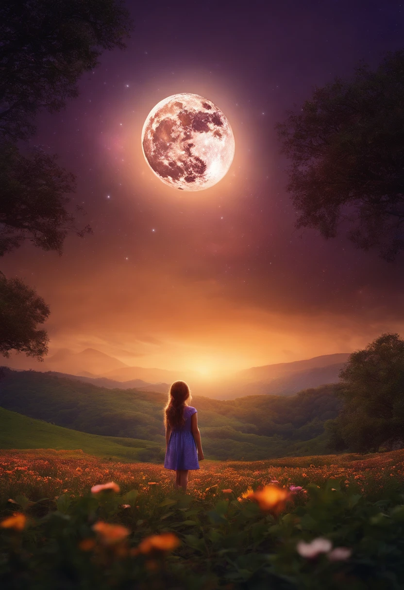 Expansive landscape photograph, (view from below with a view of the sky and the wilderness below), little girl standing in a flower field looking up, (full moon: 1.2), (shooting star: 0.9), (nebula: 1.3), distant mountain, tree break production art, (warm light source: 1.2), (firefly: 1.2), lamp, purple and orange, intricate detail, volume lighting BREAK (masterpiece: 1.2), (highest quality ), 4k, ultra-detailed, (dynamic configuration: 1.4), highly detailed and colorful details (iridescent: 1.2), (sparkling lighting, atmospheric lighting), dreamy, magical, (solo: 1.2)