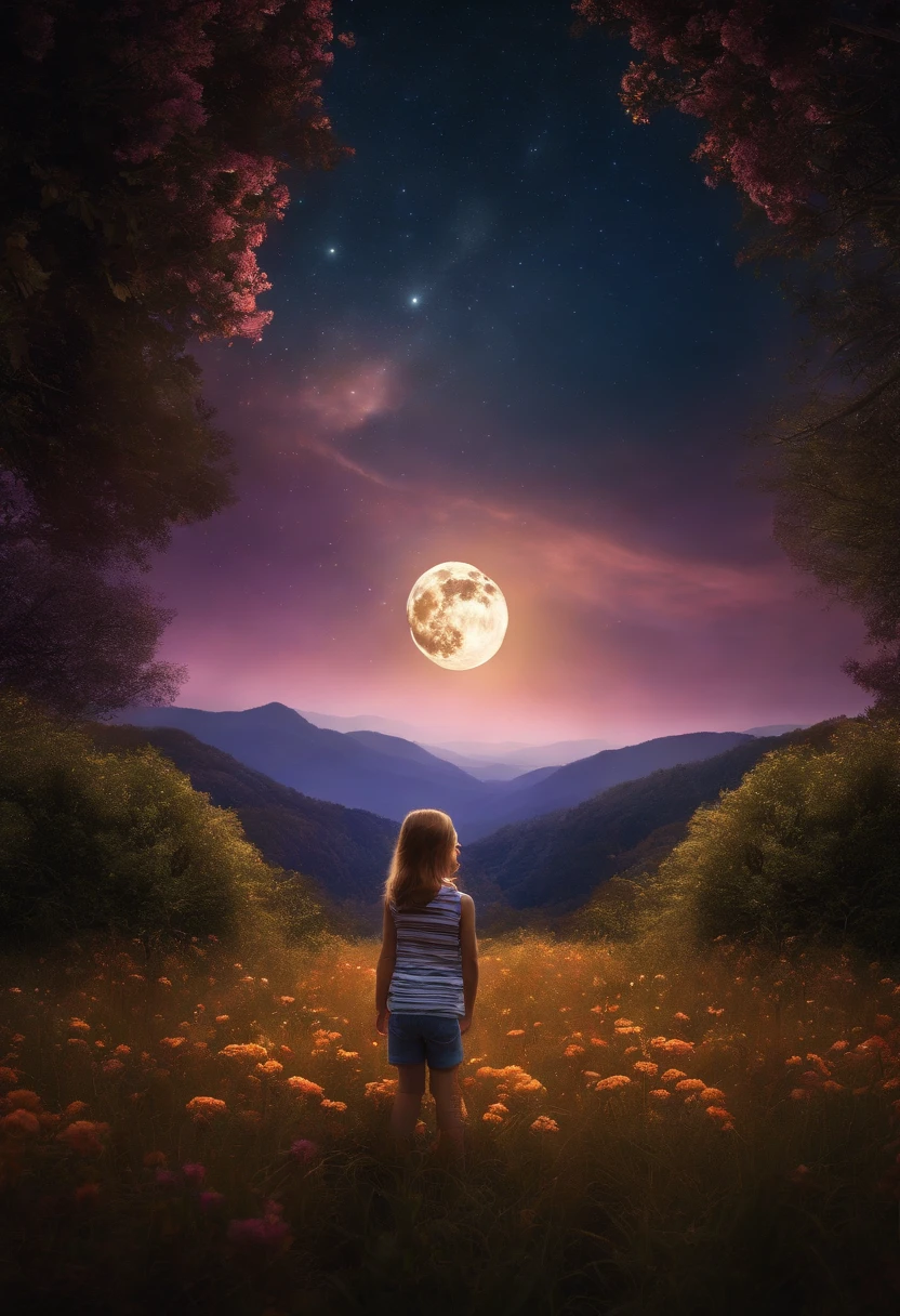 Expansive landscape photograph, (view from below with a view of the sky and the wilderness below), little girl standing in a flower field looking up, (full moon: 1.2), (shooting star: 0.9), (nebula: 1.3), distant mountain, tree break production art, (warm light source: 1.2), (firefly: 1.2), lamp, purple and orange, intricate detail, volume lighting BREAK (masterpiece: 1.2), (highest quality ), 4k, ultra-detailed, (dynamic configuration: 1.4), highly detailed and colorful details (iridescent: 1.2), (sparkling lighting, atmospheric lighting), dreamy, magical, (solo: 1.2)