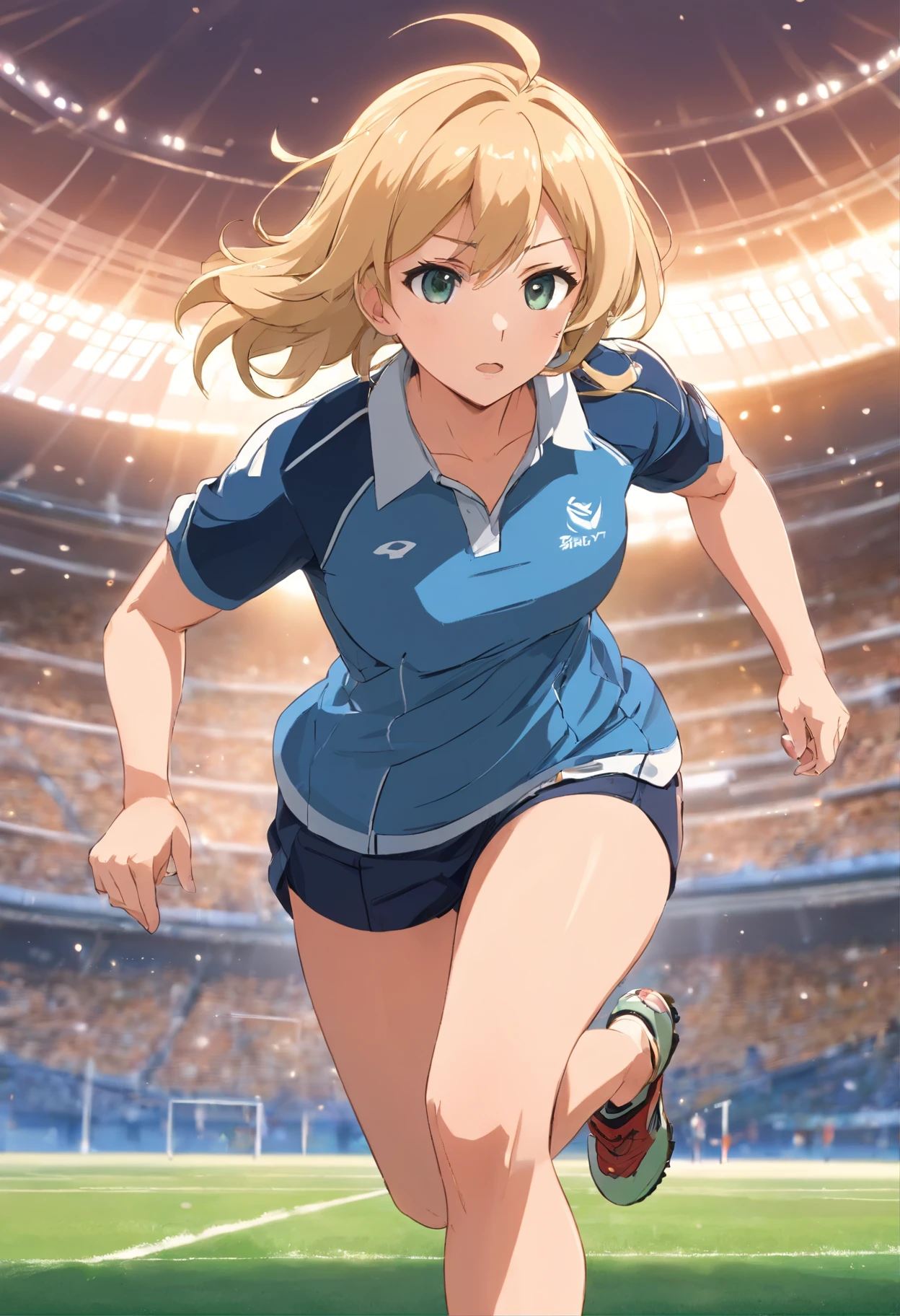Cute very muscular busty blonde female soccer mom who looks nervous as her very huge muscles are on the verge of shredding her blue striped buttoned collared oxford blouse and white pencil skirt . muscular build, huge tit, 6 Pack Abs, wide hips, gargantuan butt, Chic, very curvy, Huge, broad shoulders, Muscular arms, Muscular legs,(Running with a rugby ball)