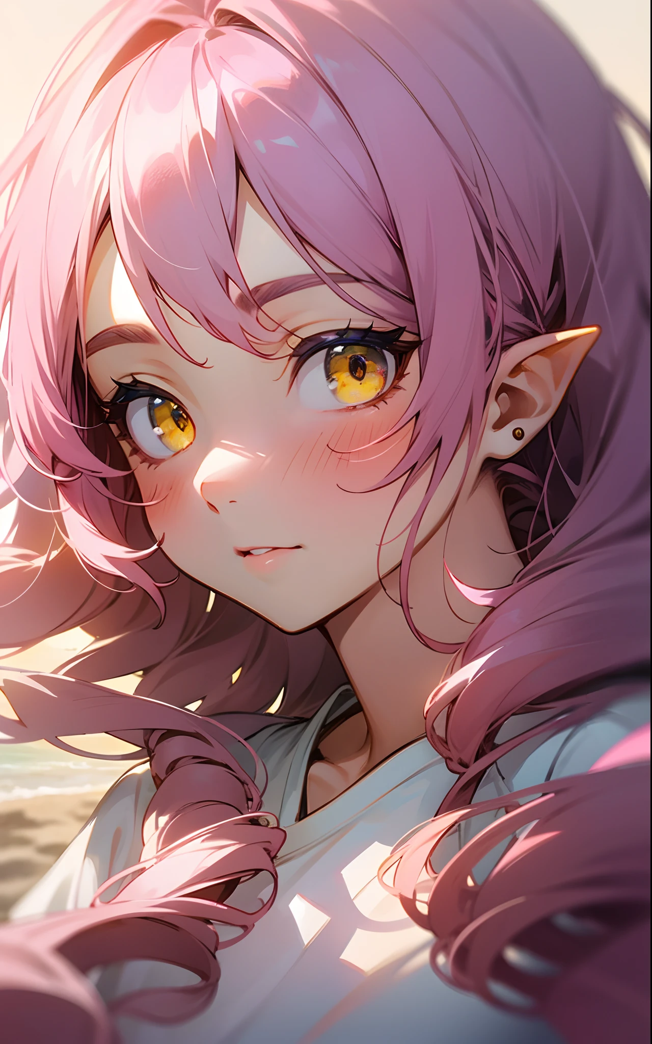16yo girl、long-haired pink color、twin drills、Yellow eyes、pointy ear、white t-shirts、white short pants、landscape of a beach、Soft lighting、summer feel、a closeup