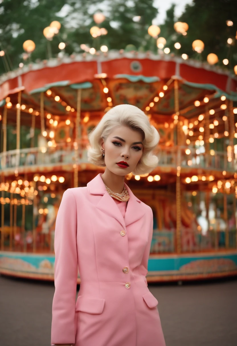 60's　retro-futuristic　An amusement park　femele　high fashion　japanes　short-hair　Pink Chanel Suit　20yr old　merry-go-round　crying how bright