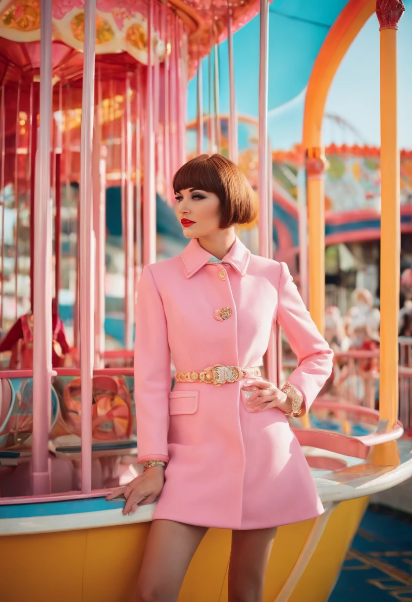 60's　retro-futuristic　An amusement park　femele　high fashion　japanes　short-hair　Pink Chanel Suit　20yr old　merry-go-round　crying how bright